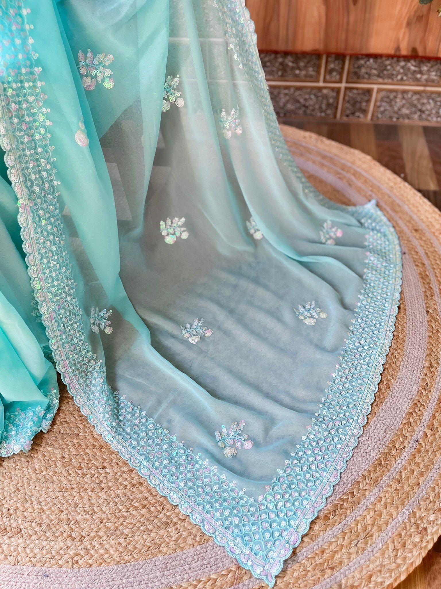 Sky Blue Georgette Sequin Embroidered Saree with Blouse - Ressa