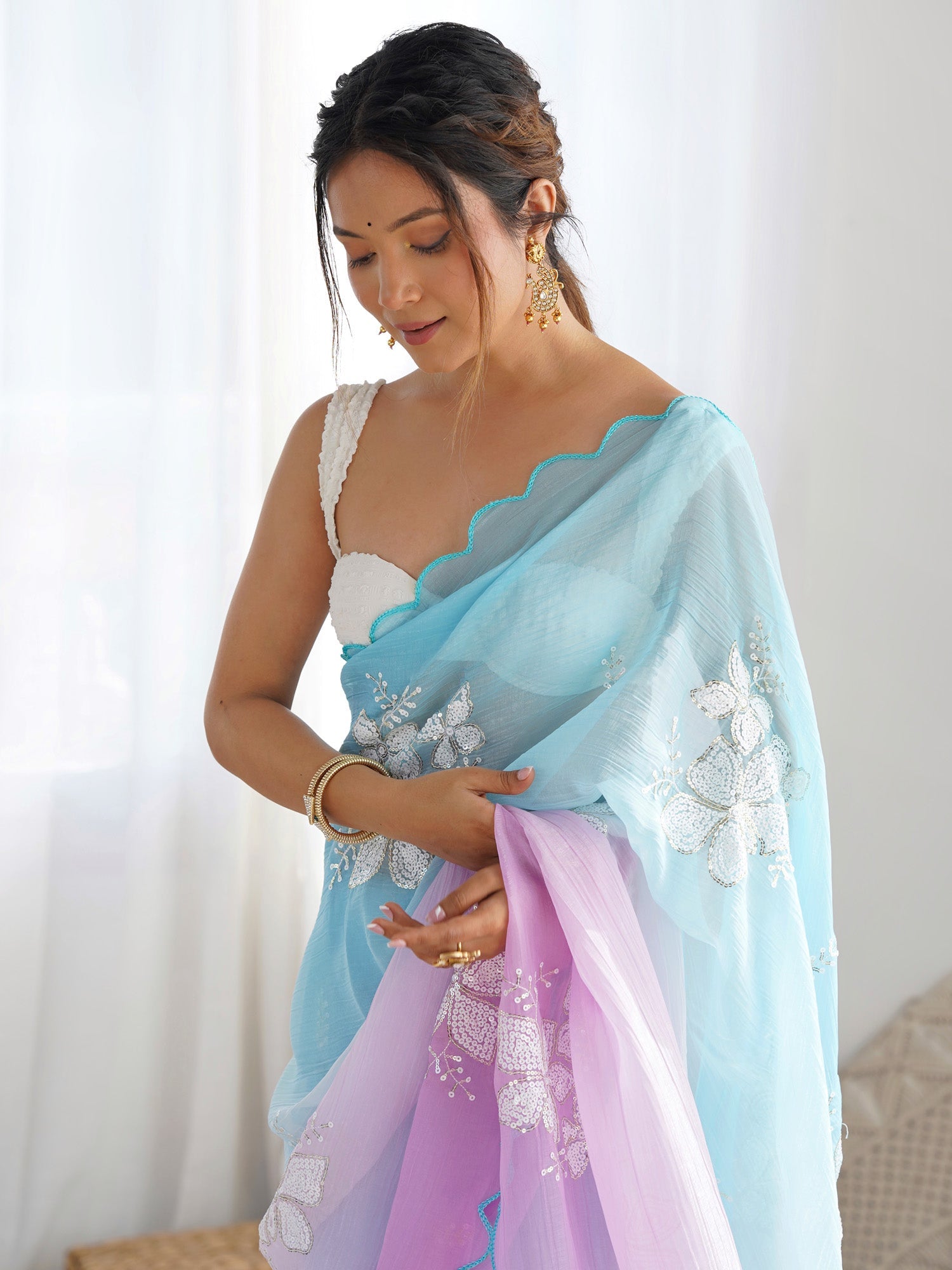 Sky Blue & Lavender Ombre Organza Saree with Floral Embroidery - Ressa