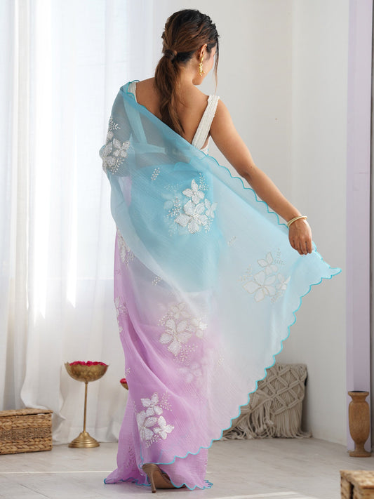 Sky Blue & Lavender Ombre Organza Saree with Floral Embroidery - Ressa