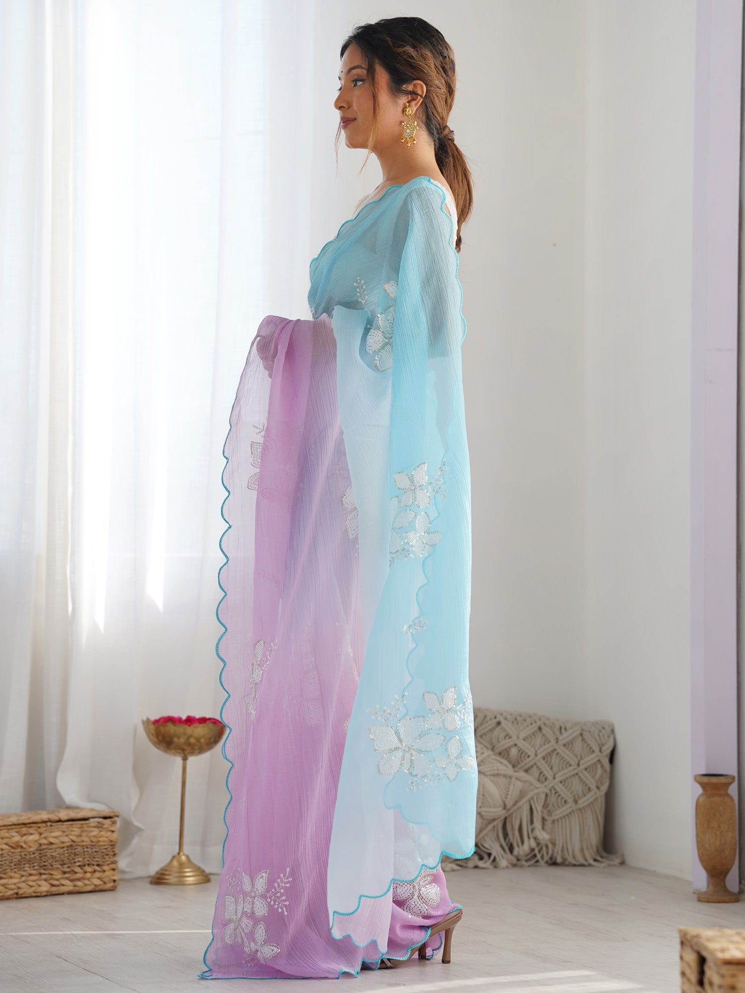 Sky Blue & Lavender Ombre Organza Saree with Floral Embroidery - Ressa
