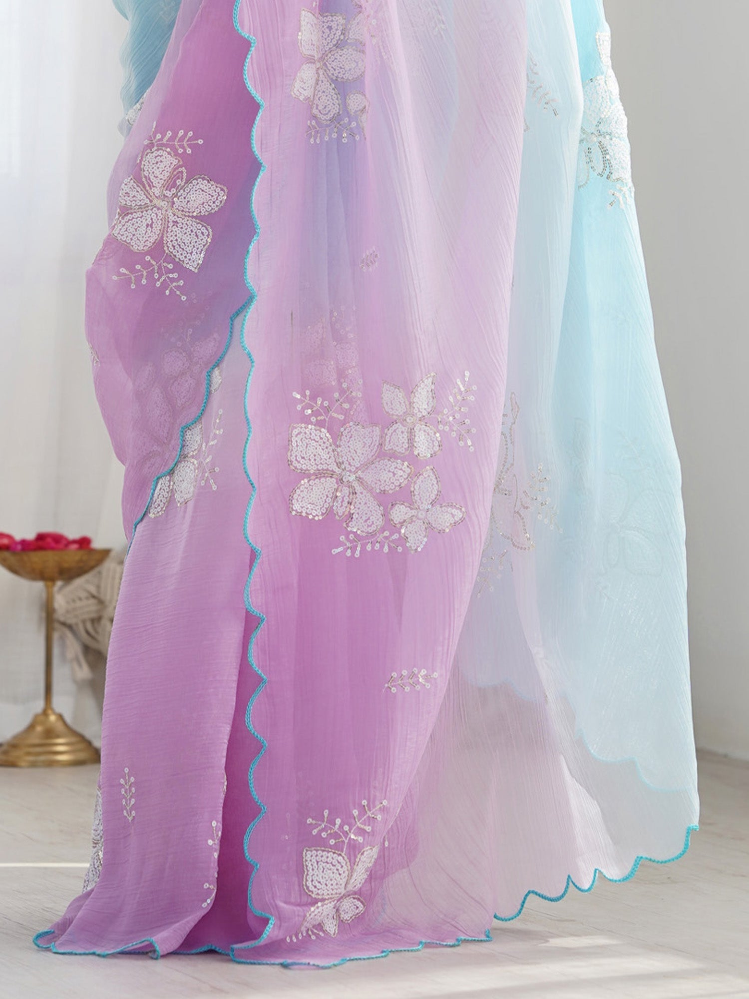 Sky Blue & Lavender Ombre Organza Saree with Floral Embroidery - Ressa
