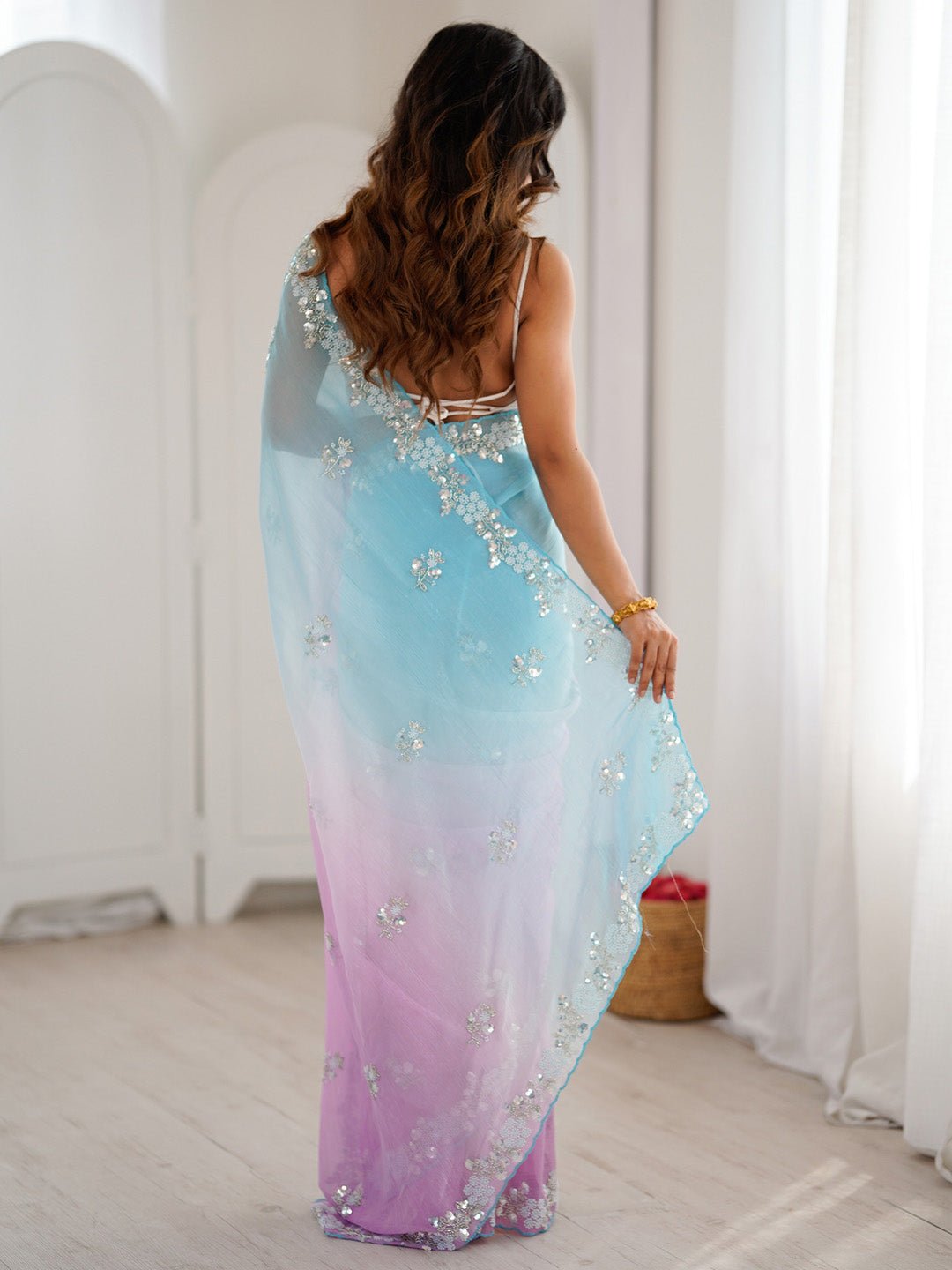 Sky Blue & Lavender Polyester Ombre Dyed Embroidered Saree - Ressa