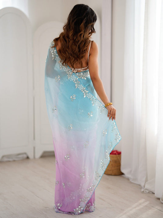 Sky Blue & Lavender Polyester Ombre Dyed Embroidered Saree - Ressa