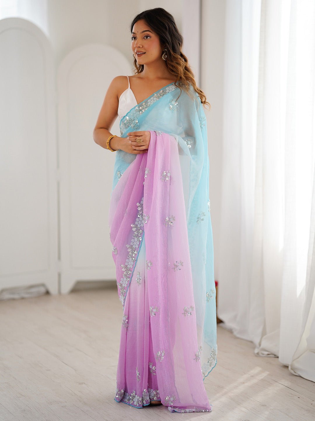 Sky Blue & Lavender Polyester Ombre Dyed Embroidered Saree - Ressa