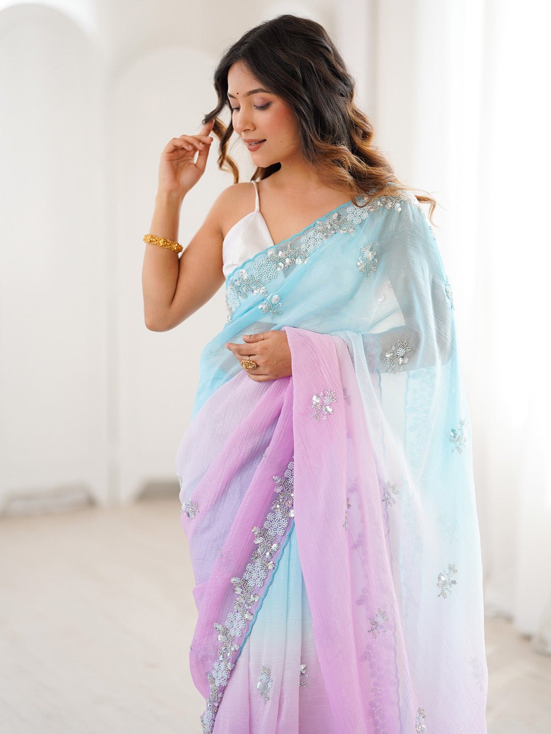Sky Blue & Lavender Polyester Ombre Dyed Embroidered Saree - Ressa