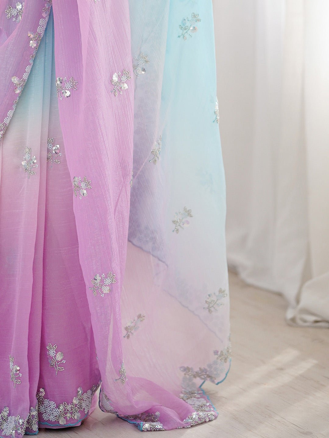 Sky Blue & Lavender Polyester Ombre Dyed Embroidered Saree - Ressa