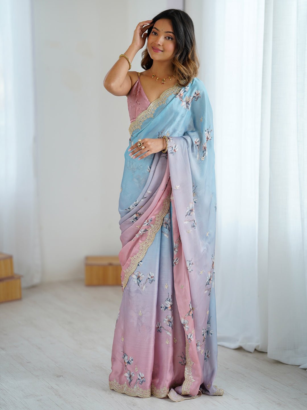 Sky Blue Mauve Crepe Silk Floral Digital Print Sequin Border Blouse Saree - Ressa