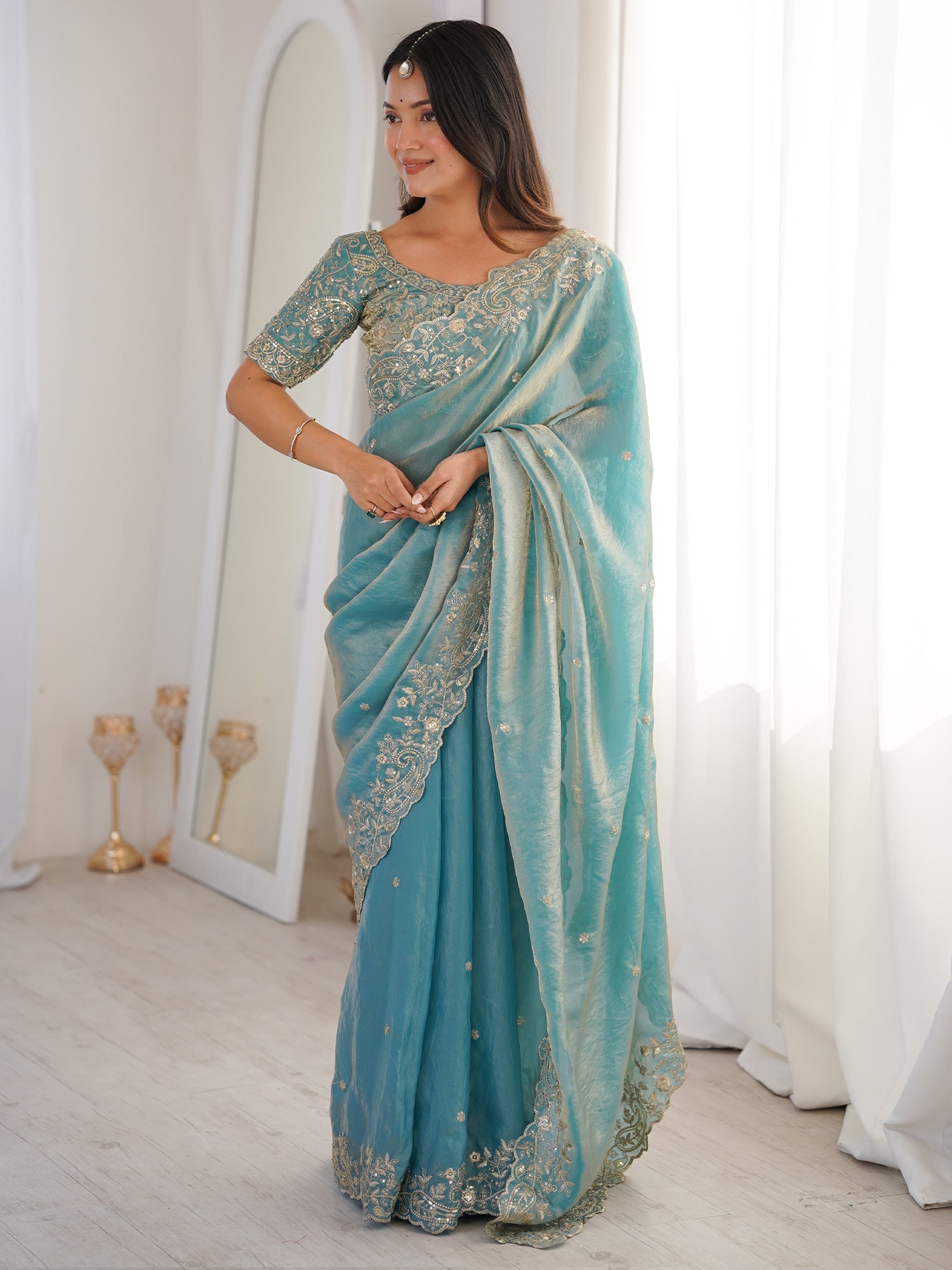 Sky Blue Metallic Tissue Silk Saree - Ressa