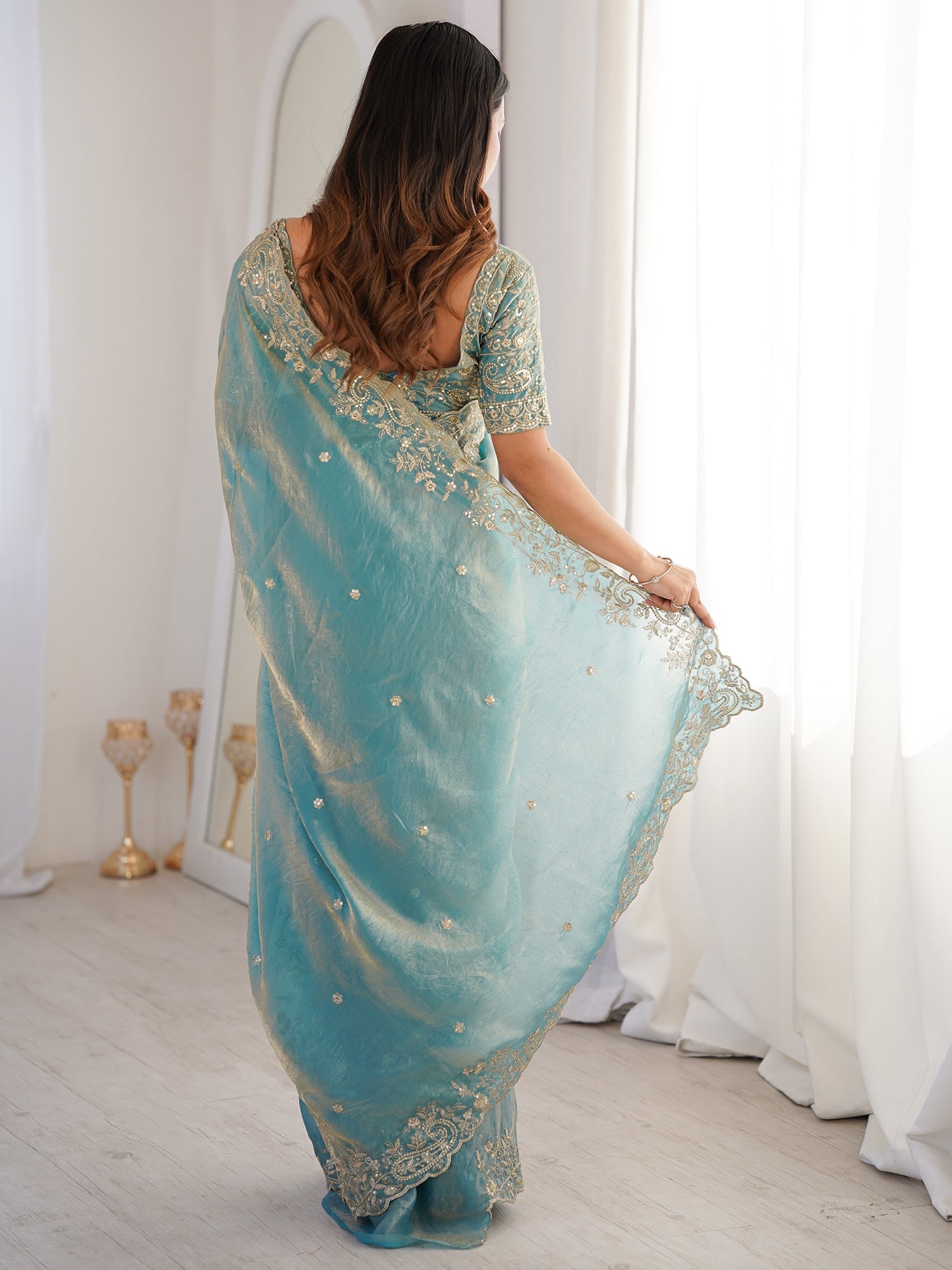 Sky Blue Metallic Tissue Silk Saree - Ressa