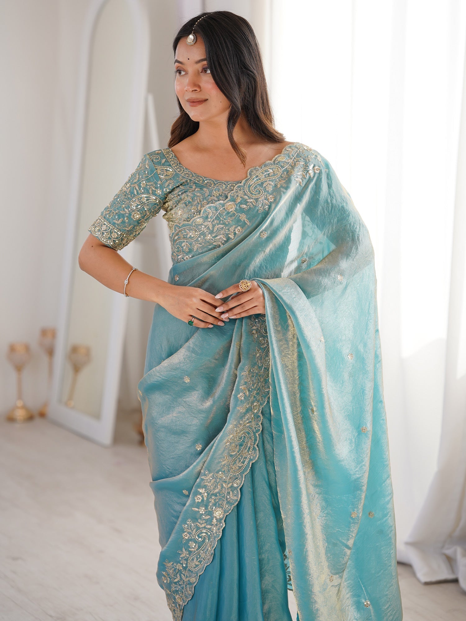 Sky Blue Metallic Tissue Silk Saree - Ressa
