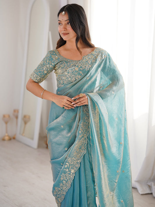 Sky Blue Metallic Tissue Silk Saree - Ressa