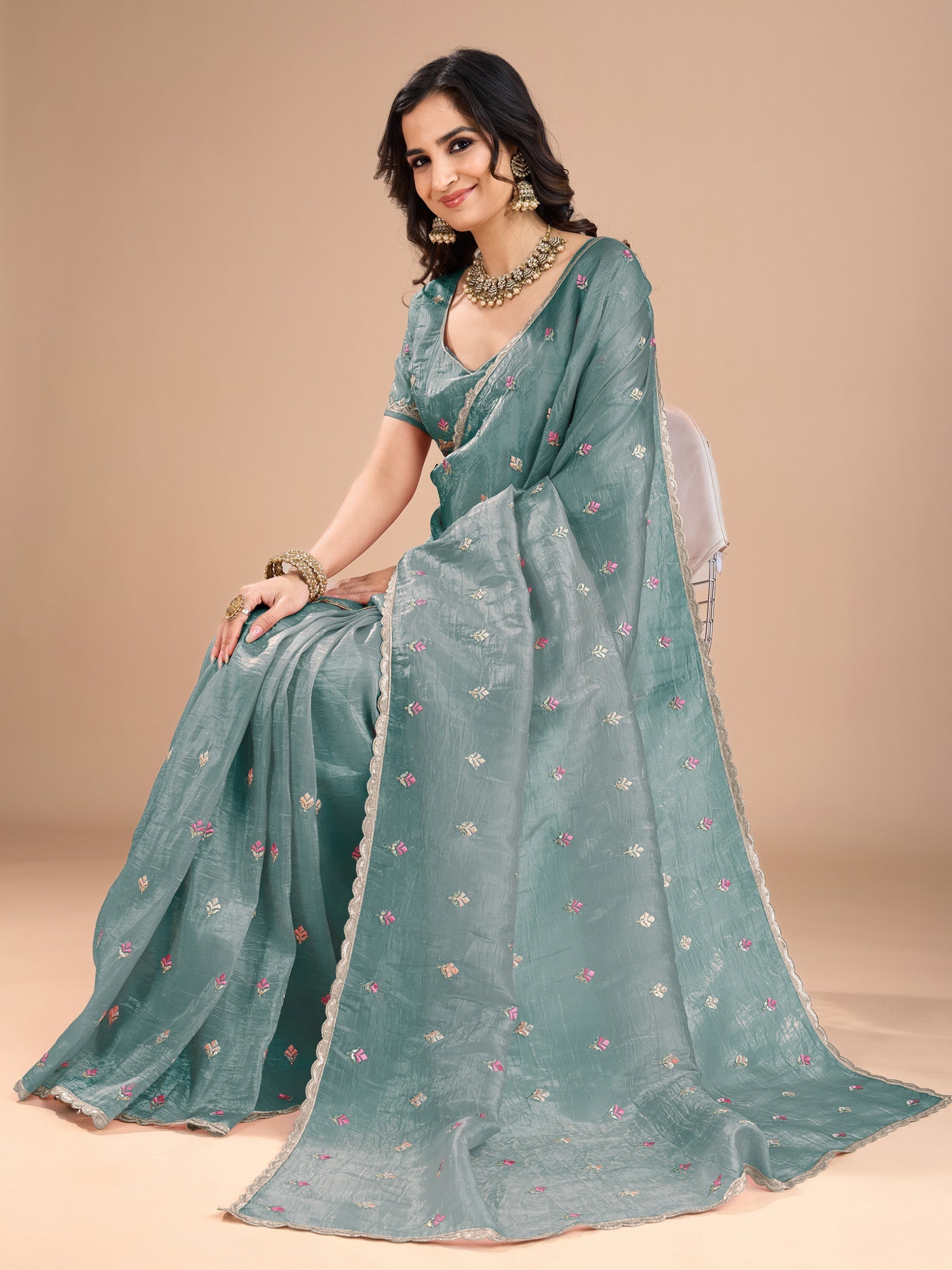 Sky Blue Organza Embroidered Saree - Ressa