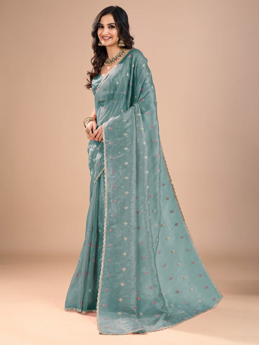 Sky Blue Organza Embroidered Saree - Ressa