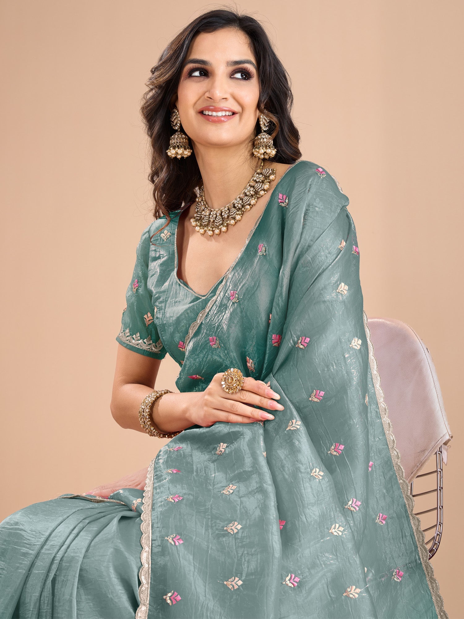Sky Blue Organza Embroidered Saree - Ressa