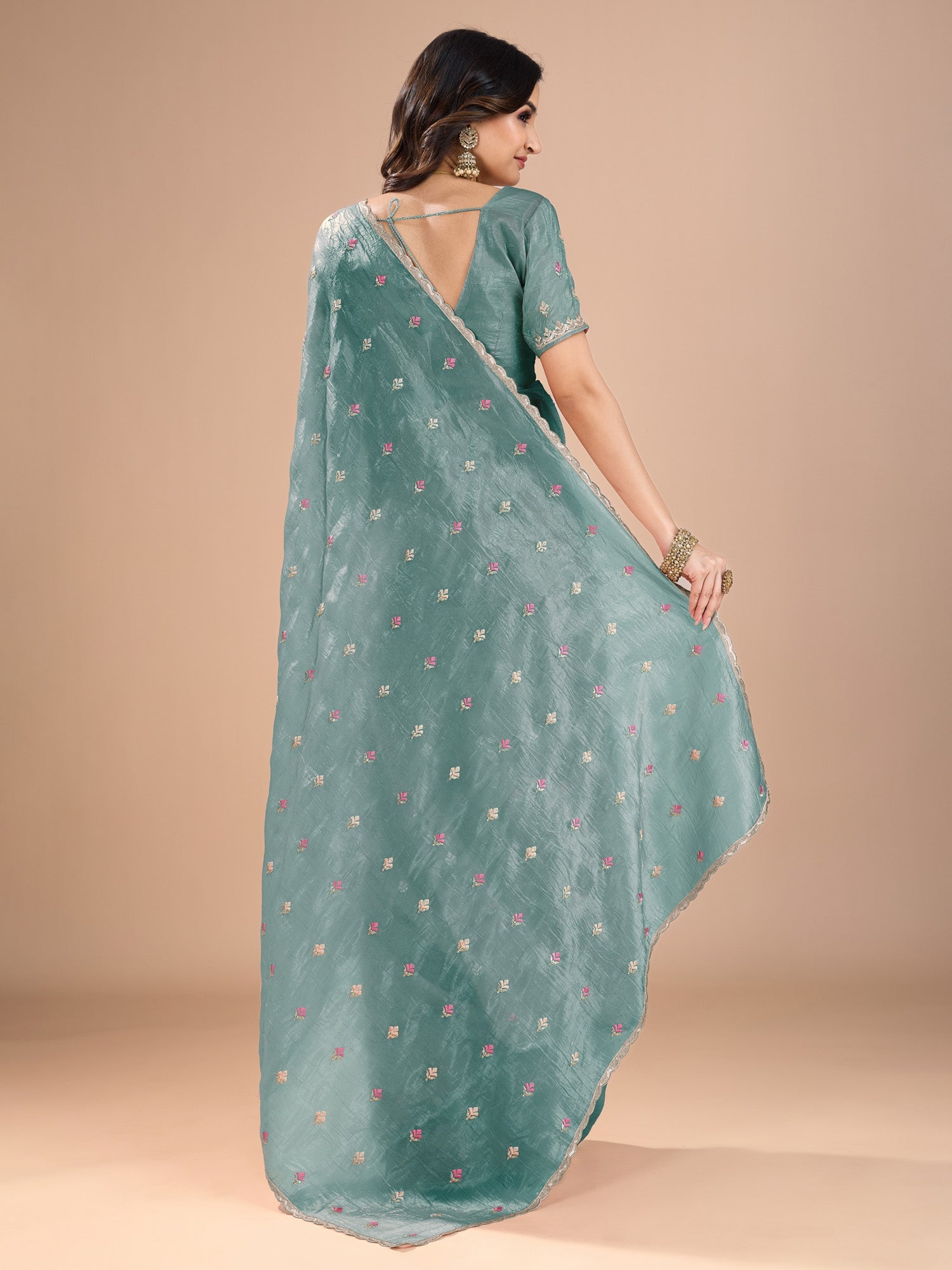 Sky Blue Organza Embroidered Saree - Ressa