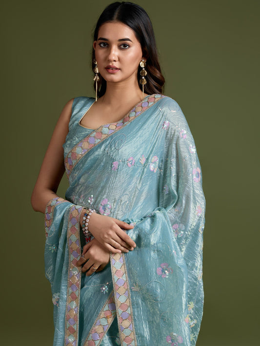 Sky Blue Organza Embroidered Saree with Blouse - Ressa