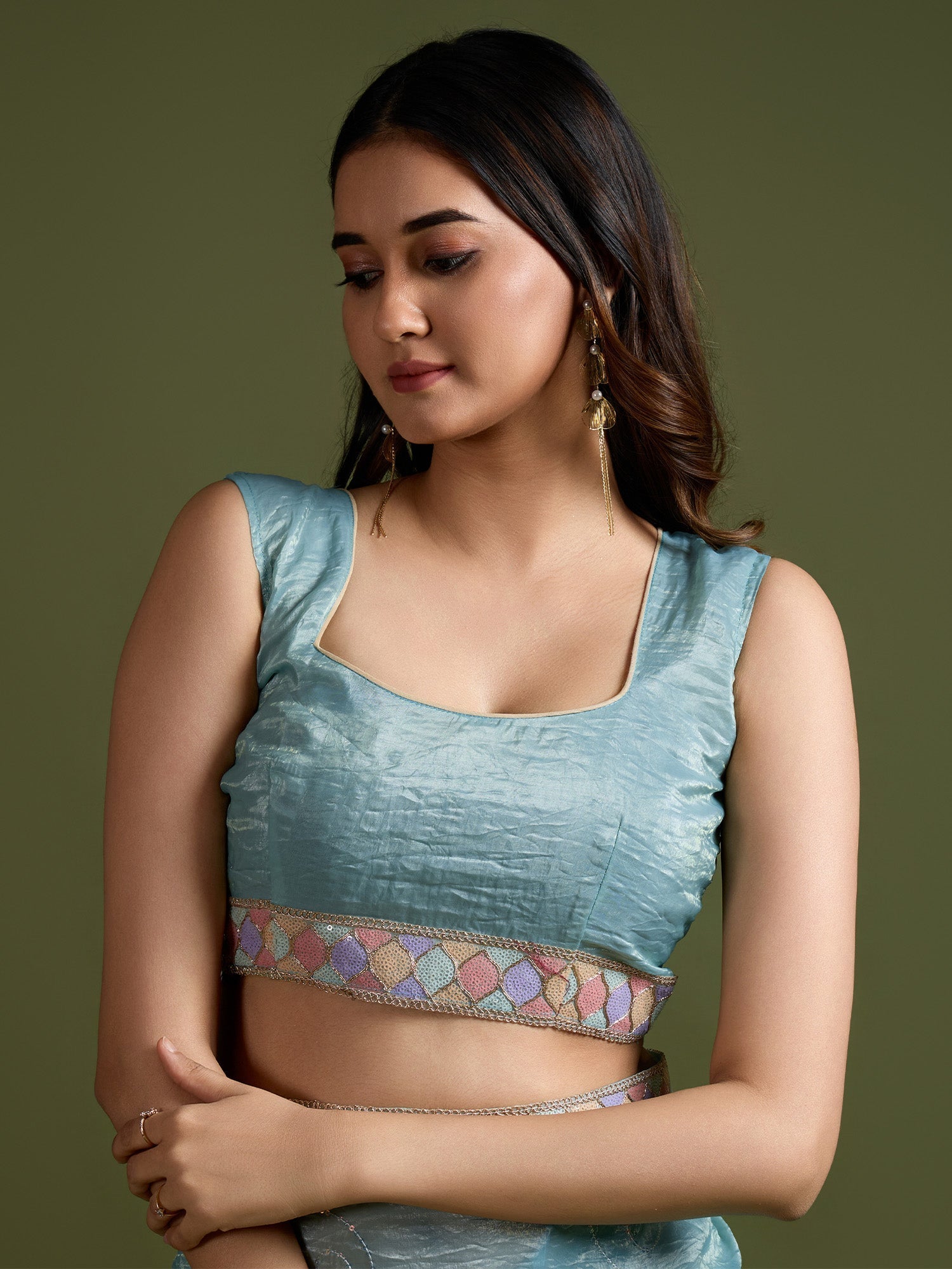 Sky Blue Organza Embroidered Saree with Blouse - Ressa