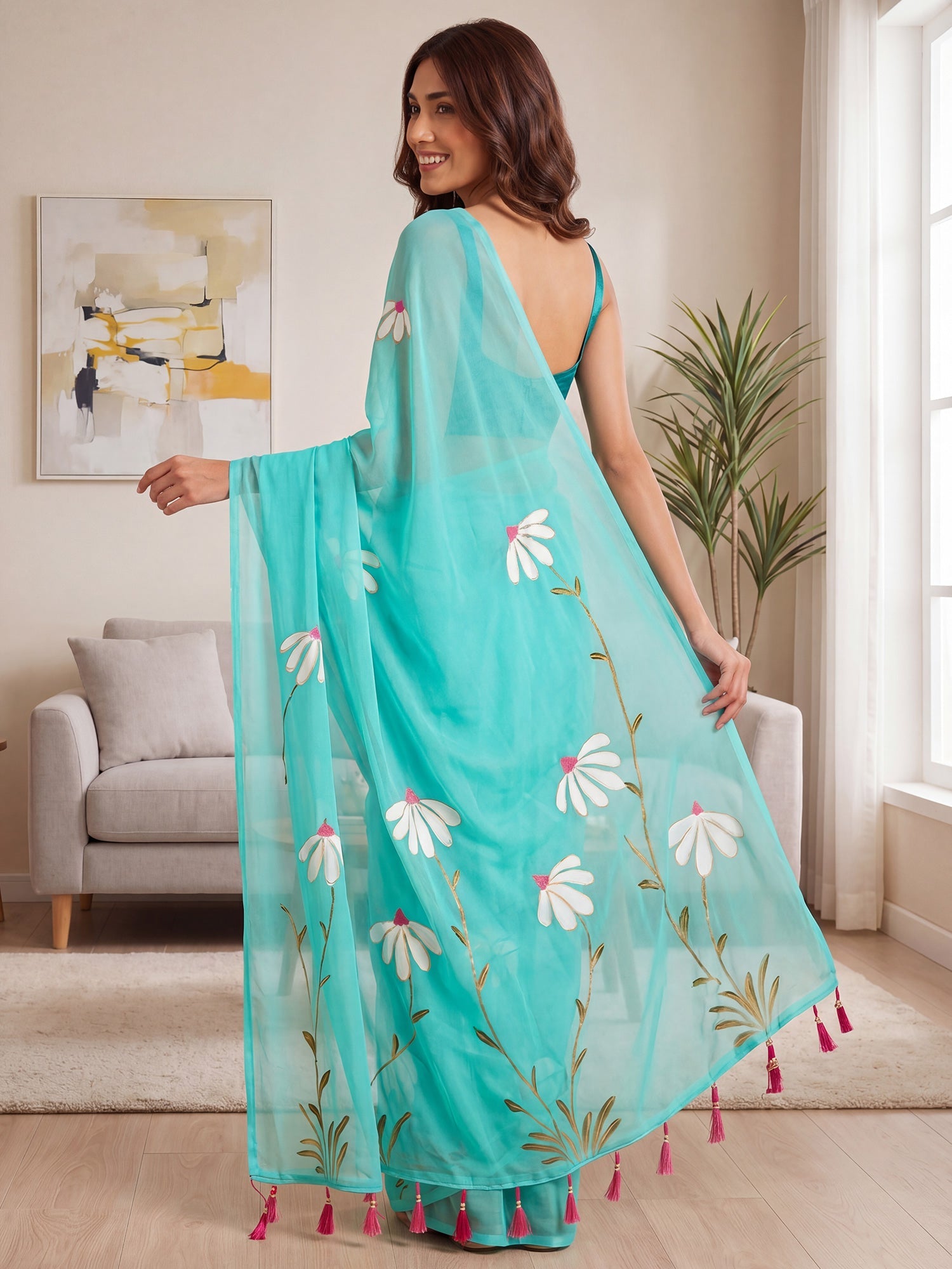 Sky Blue Organza Saree with Hand-Painted Daisy Motifs - Ressa