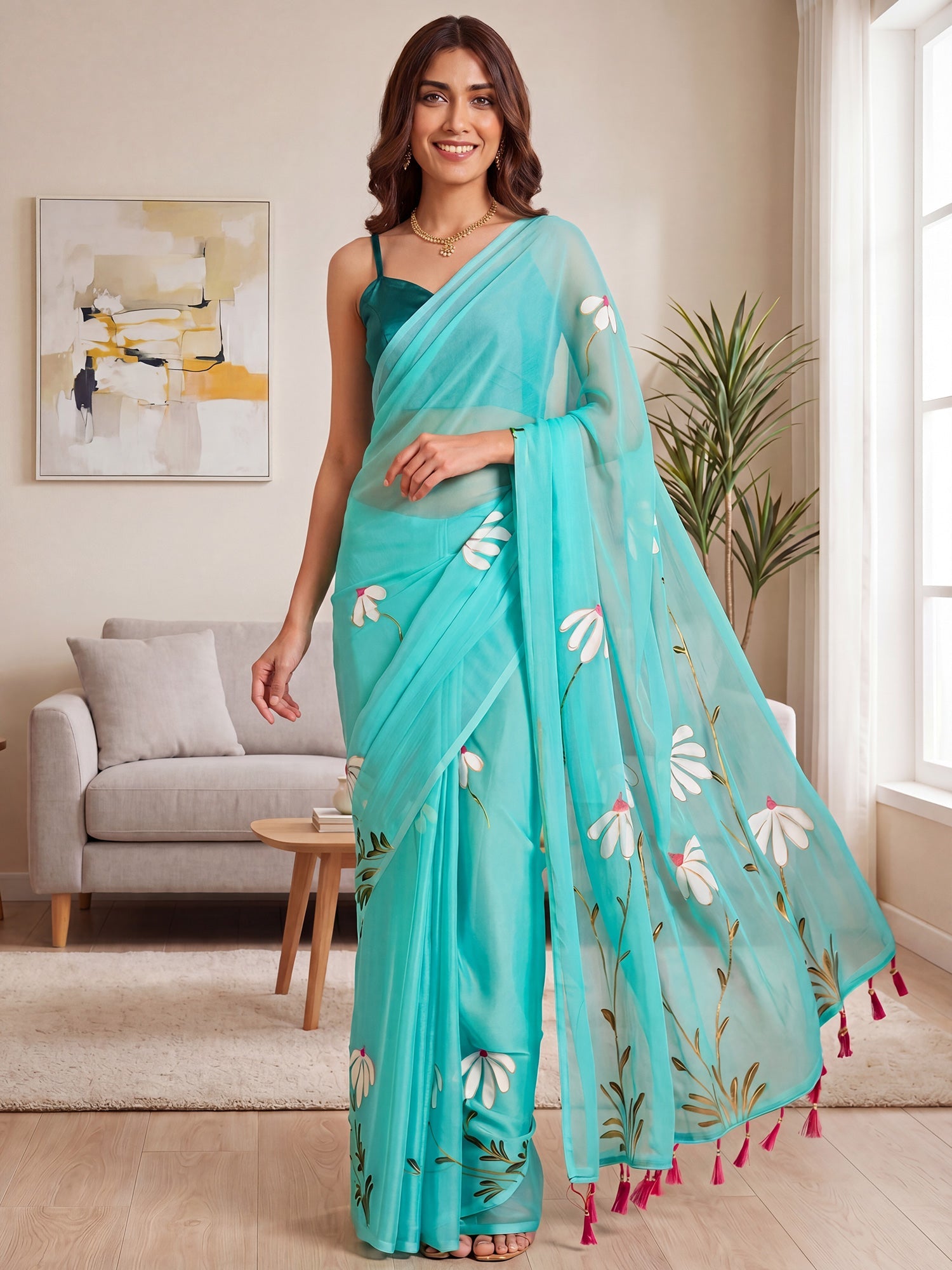 Sky Blue Organza Saree with Hand-Painted Daisy Motifs - Ressa