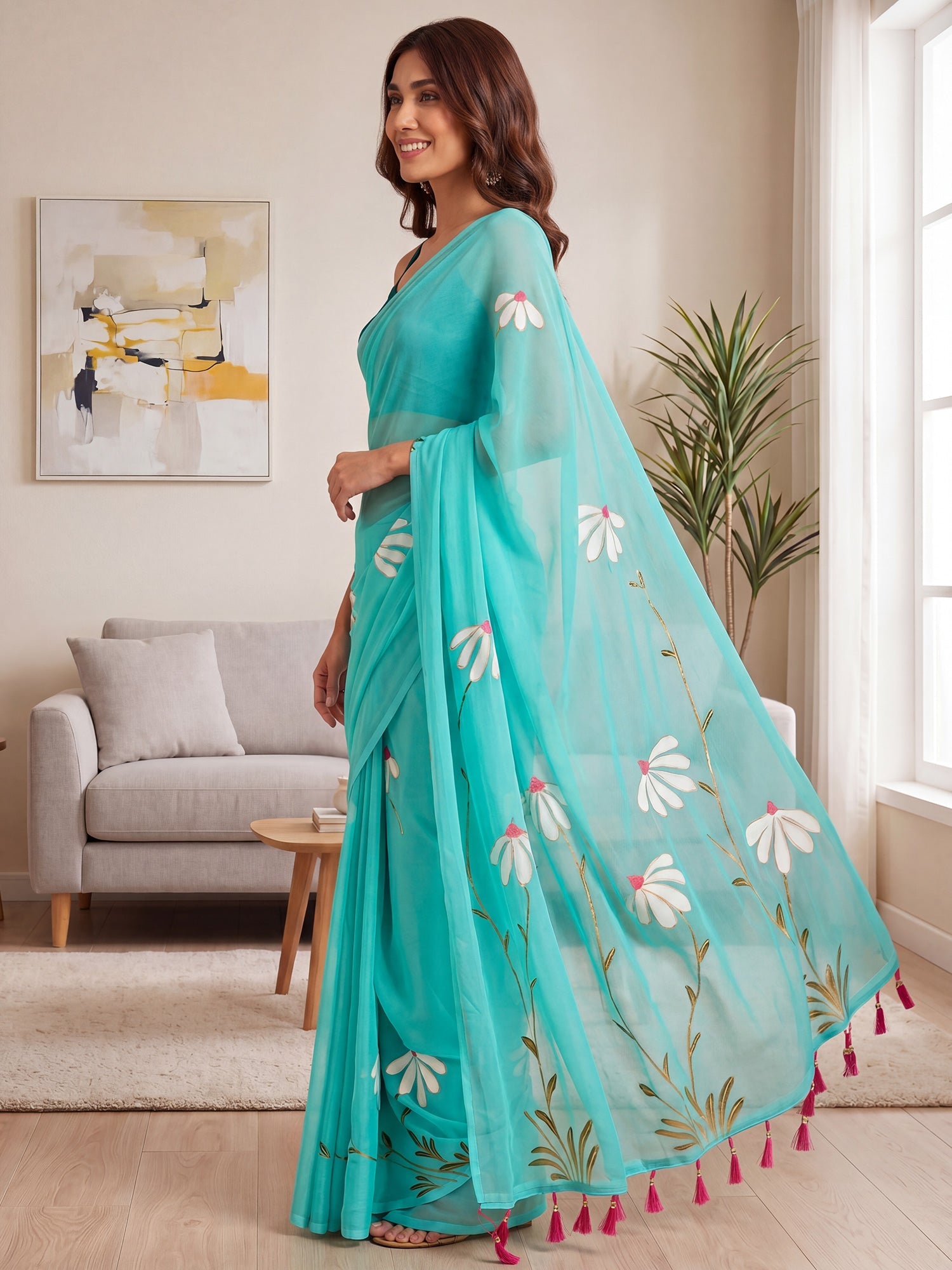 Sky Blue Organza Saree with Hand-Painted Daisy Motifs - Ressa