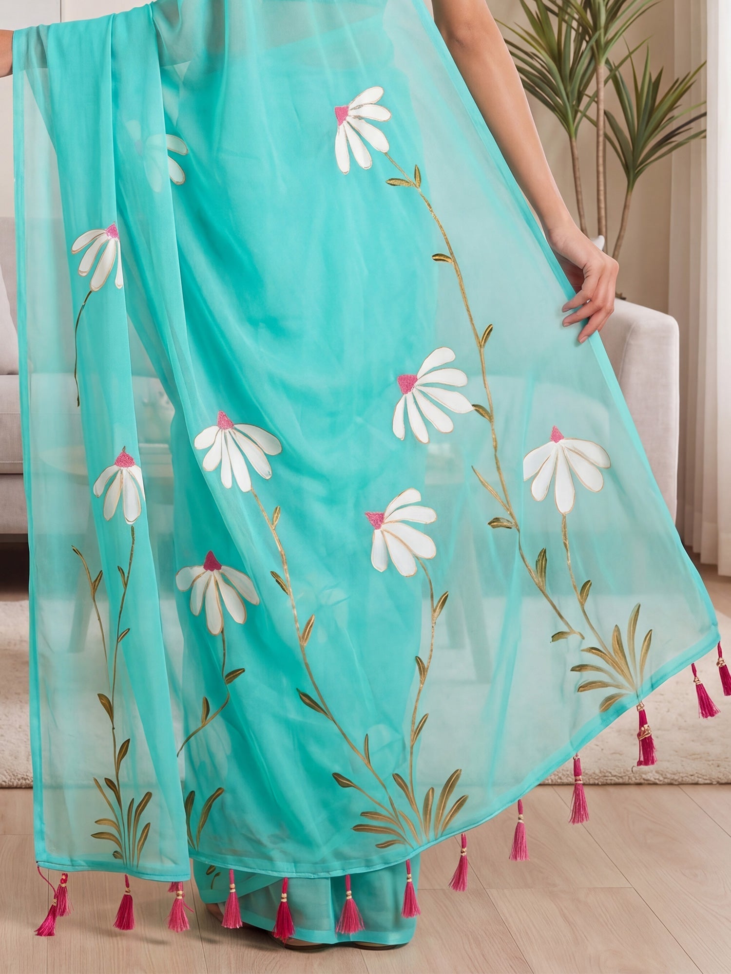 Sky Blue Organza Saree with Hand-Painted Daisy Motifs - Ressa