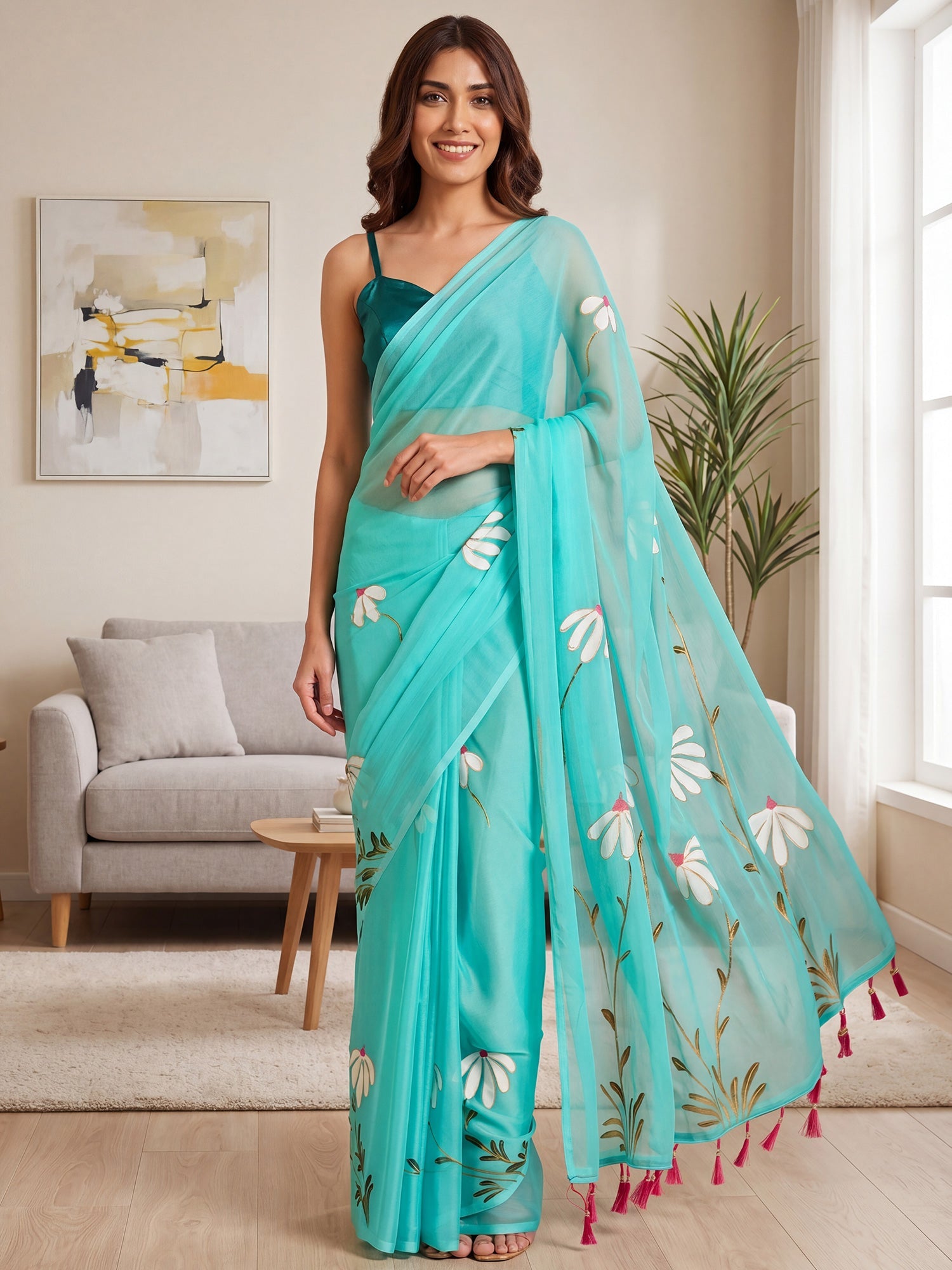 Sky Blue Organza Saree with Hand-Painted Daisy Motifs - Ressa