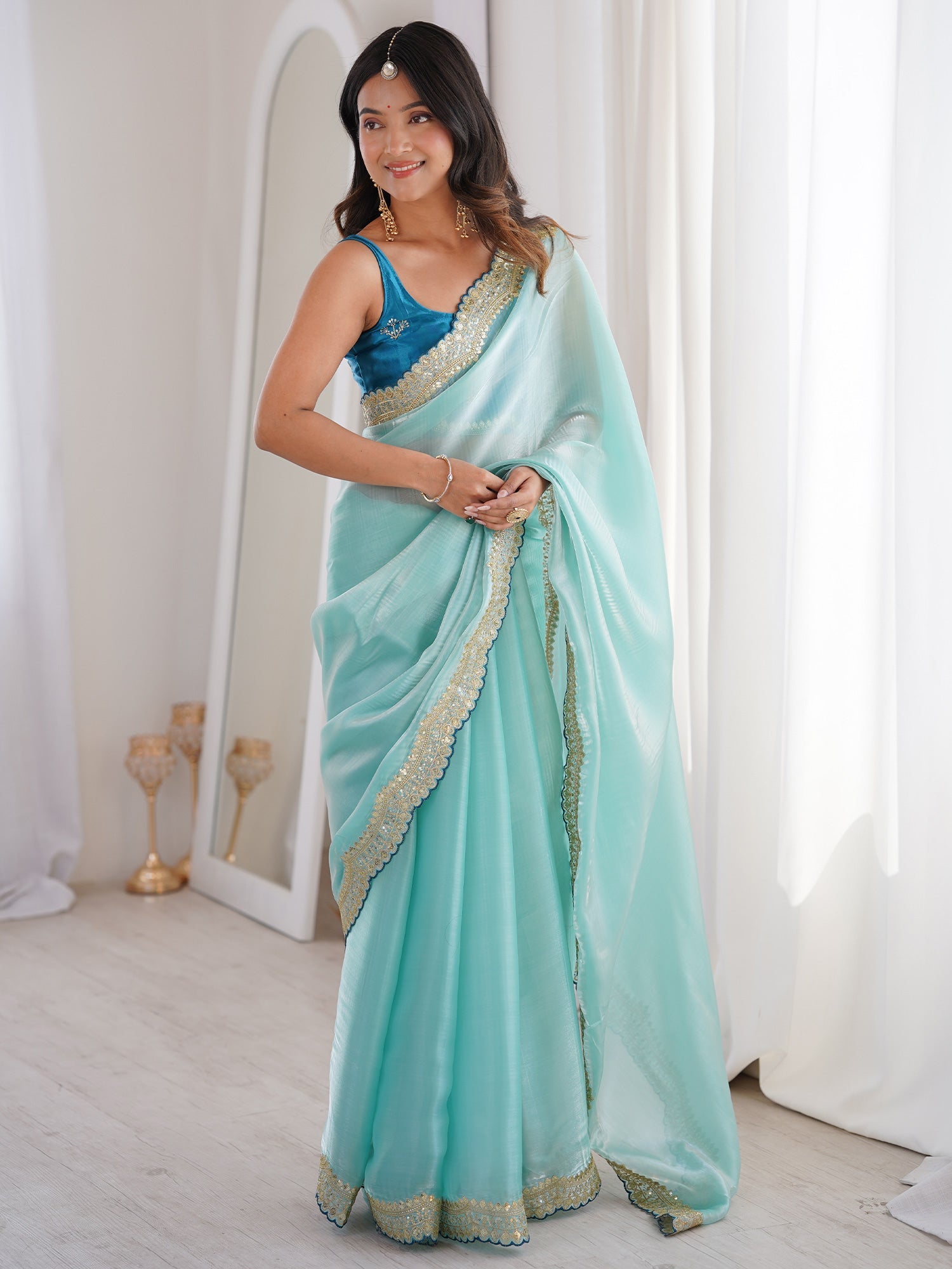 Sky Blue Organza Saree with Mirror-Work Border - Ressa