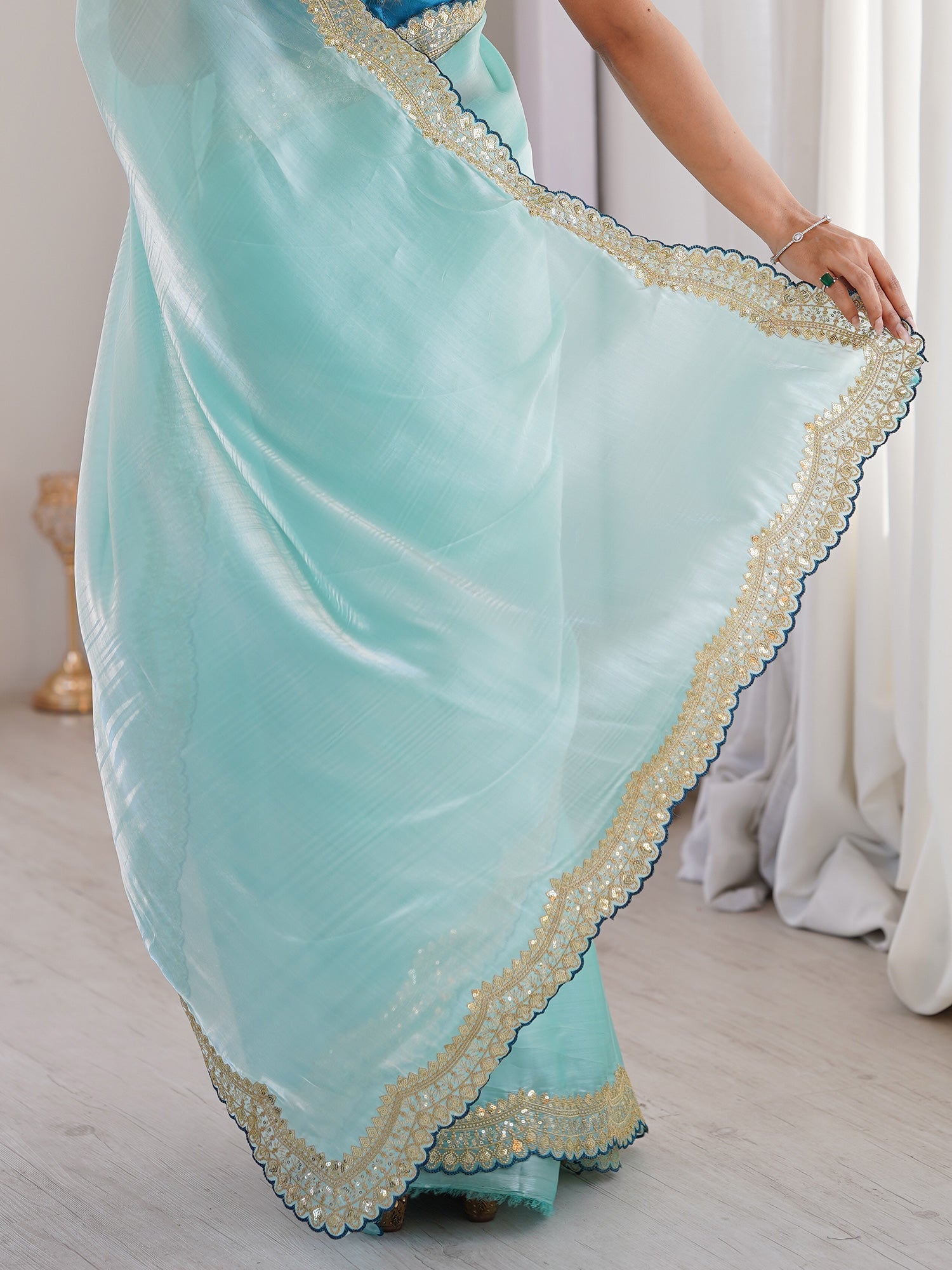 Sky Blue Organza Saree with Mirror-Work Border - Ressa