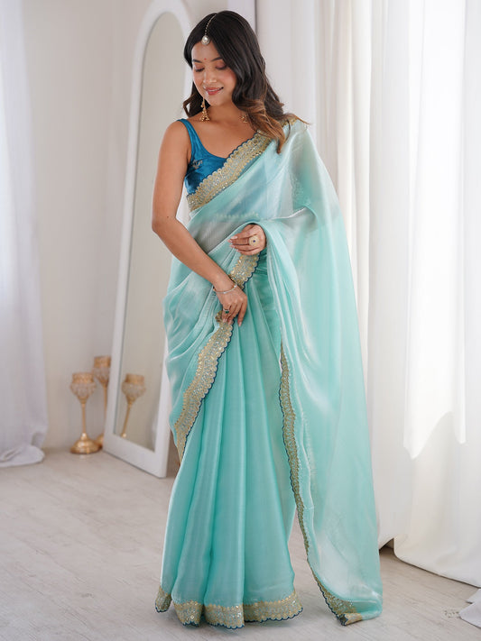 Sky Blue Organza Saree with Mirror-Work Border - Ressa