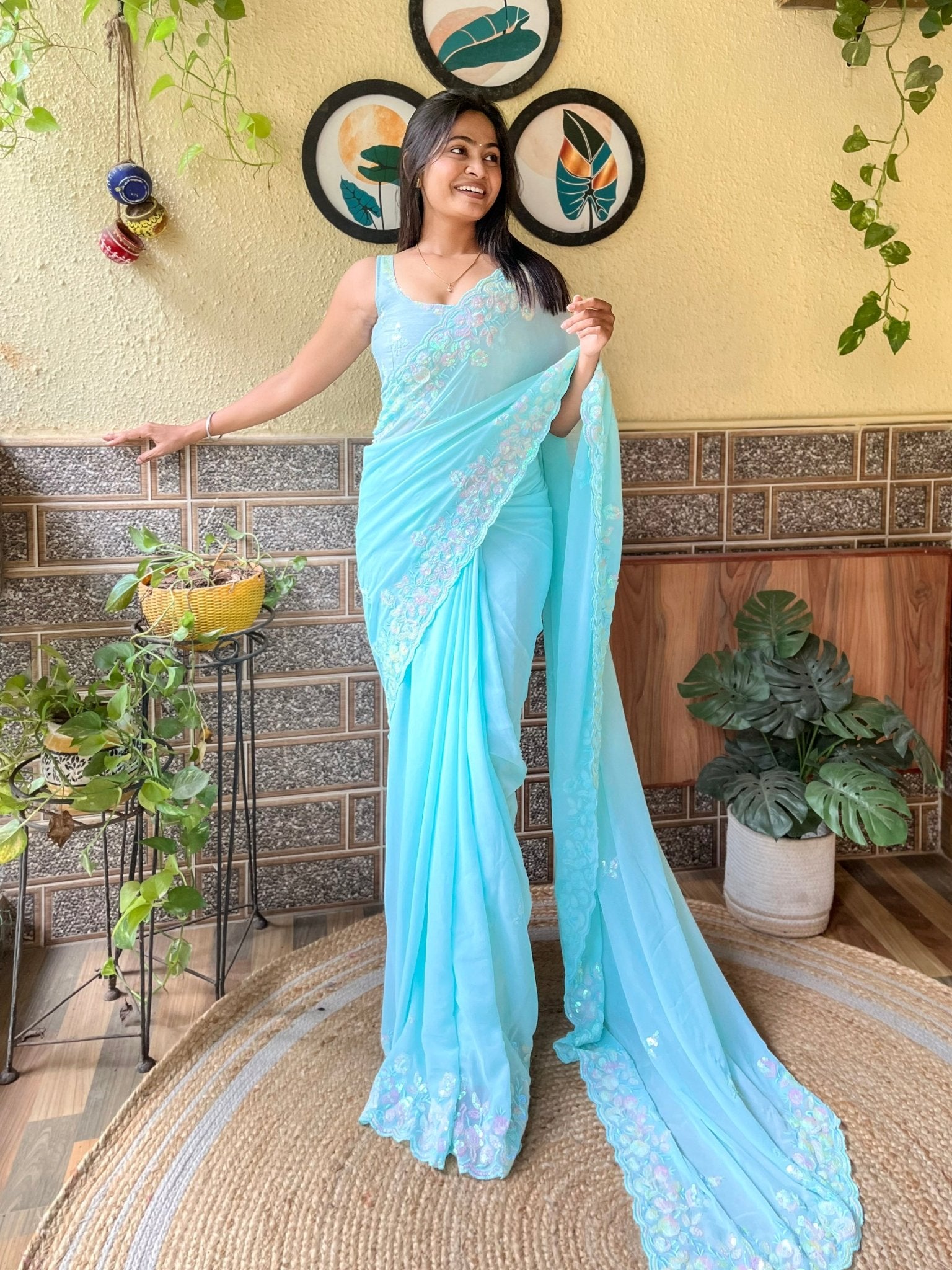 Sky Blue Party Wear Emblished Saree - Ressa