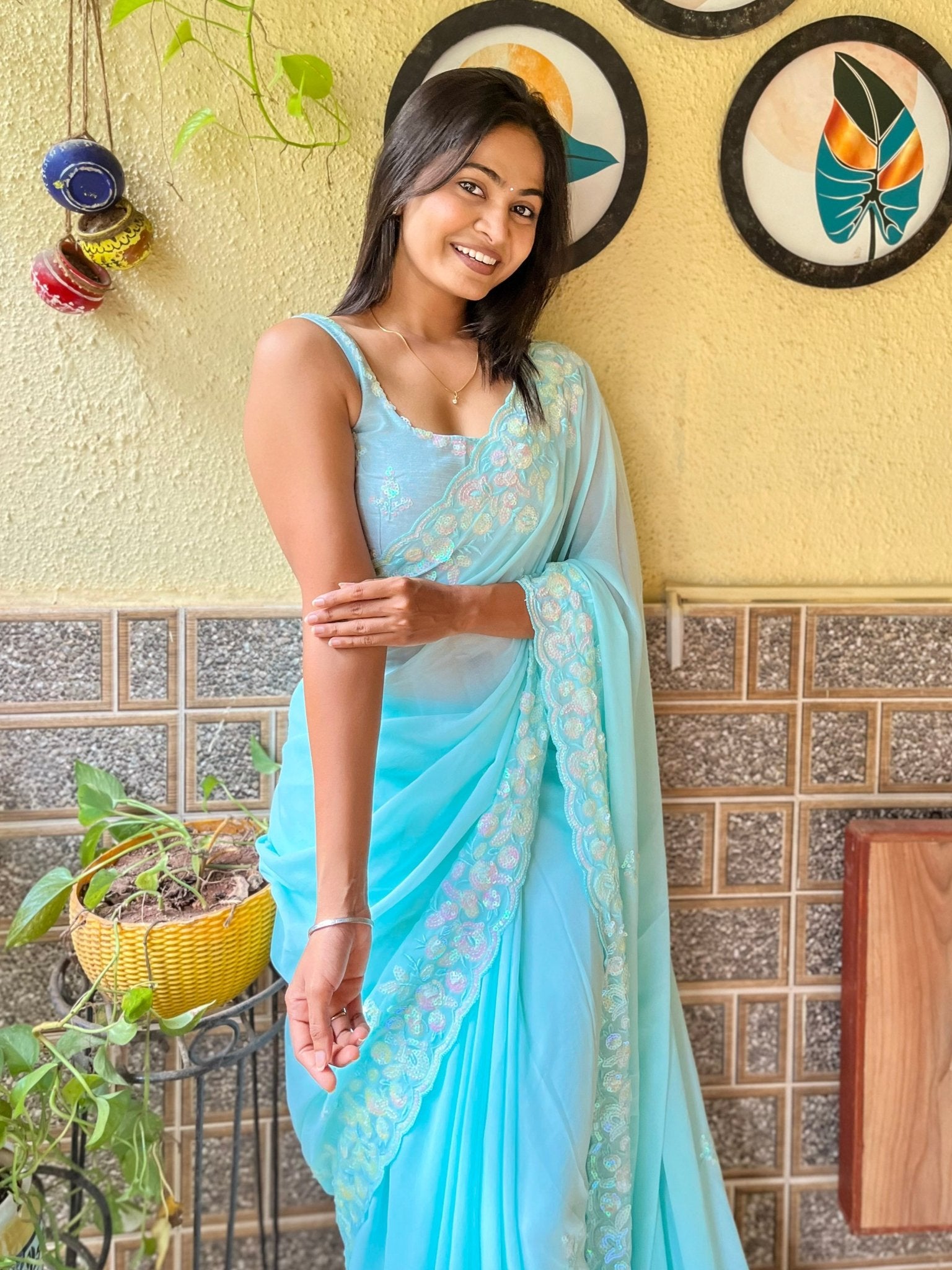 Sky Blue Party Wear Emblished Saree - Ressa