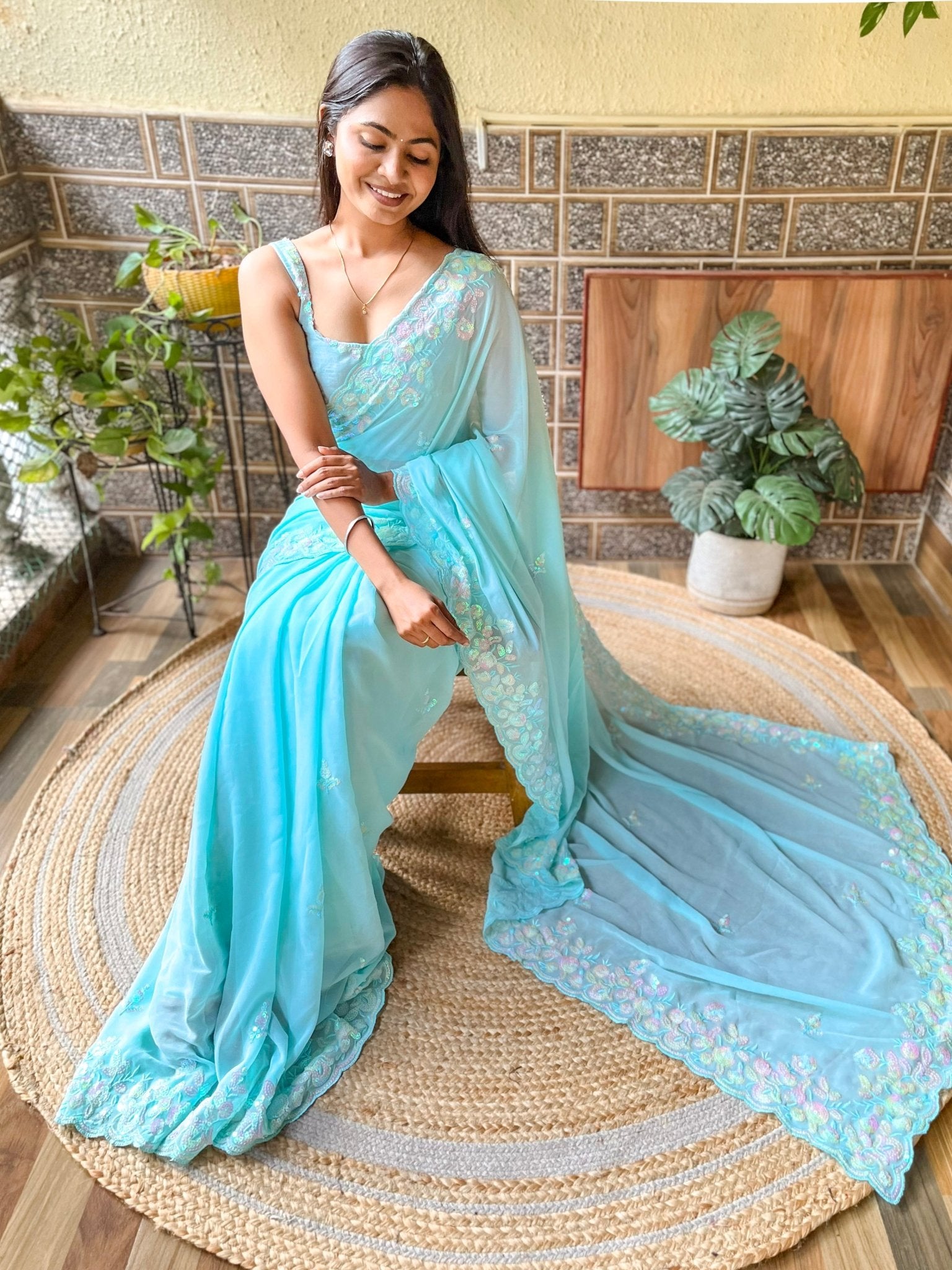 Sky Blue Party Wear Emblished Saree - Ressa