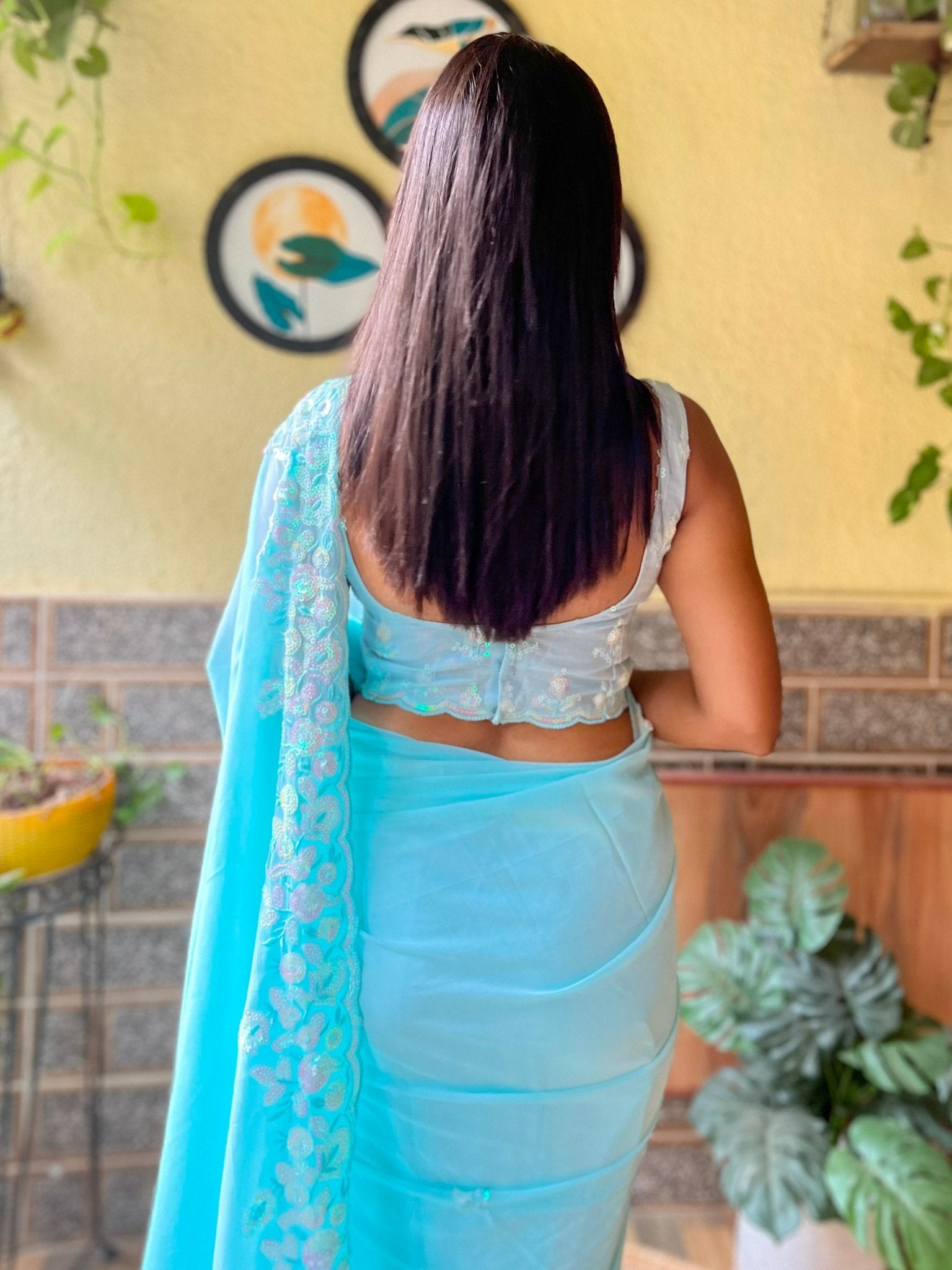 Sky Blue Party Wear Emblished Saree - Ressa