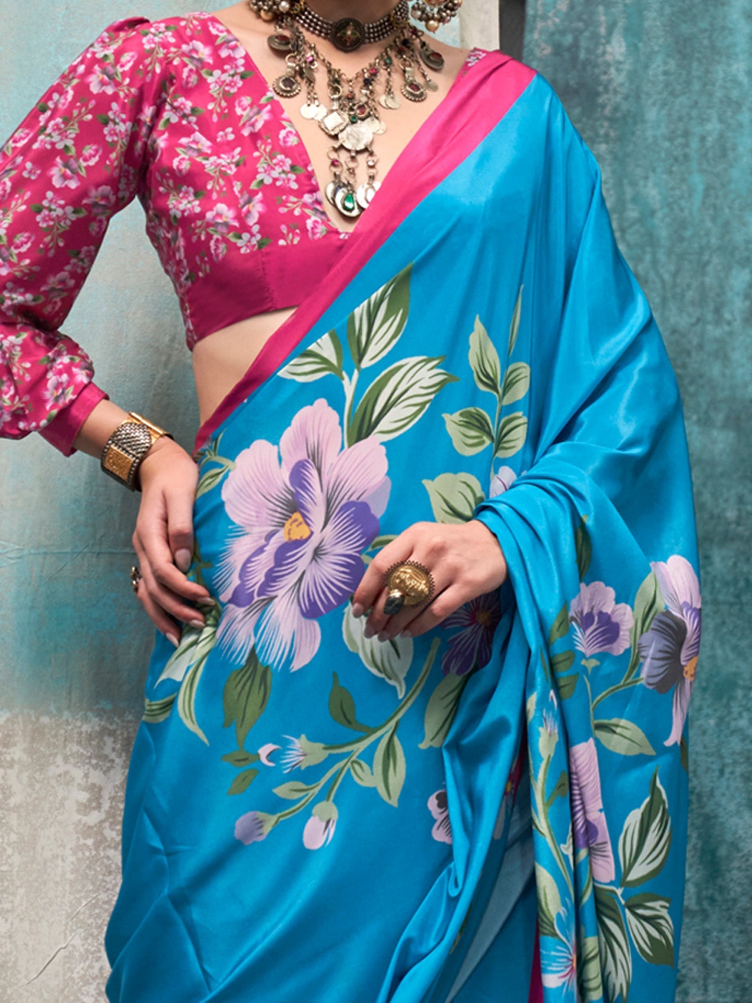 Sky Blue & Pink & Silk Blend Floral Digital Print Saree - Ressa