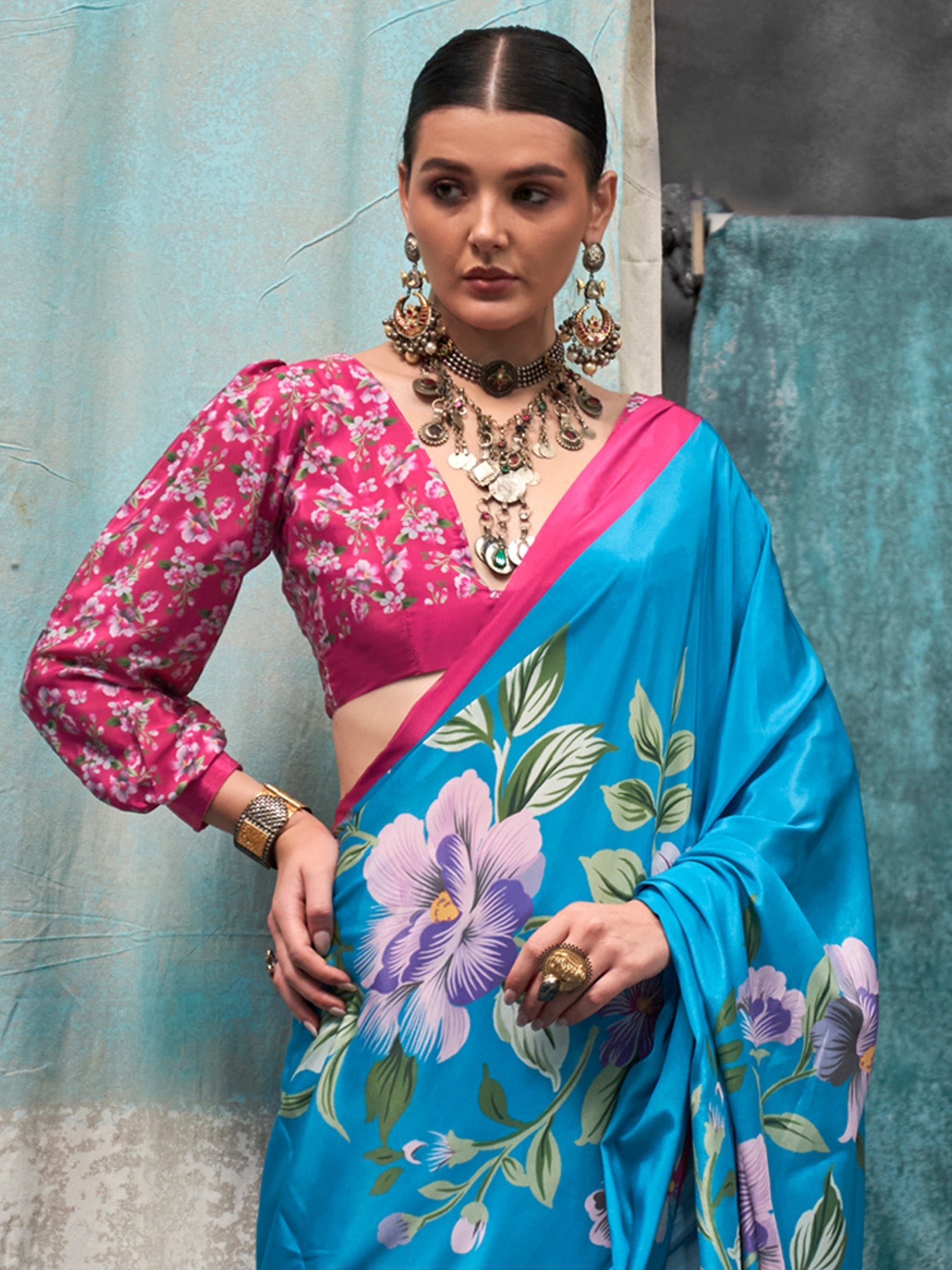 Sky Blue & Pink & Silk Blend Floral Digital Print Saree - Ressa