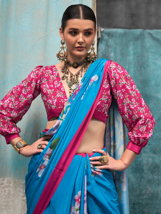 Sky Blue & Pink & Silk Blend Floral Digital Print Saree - Ressa