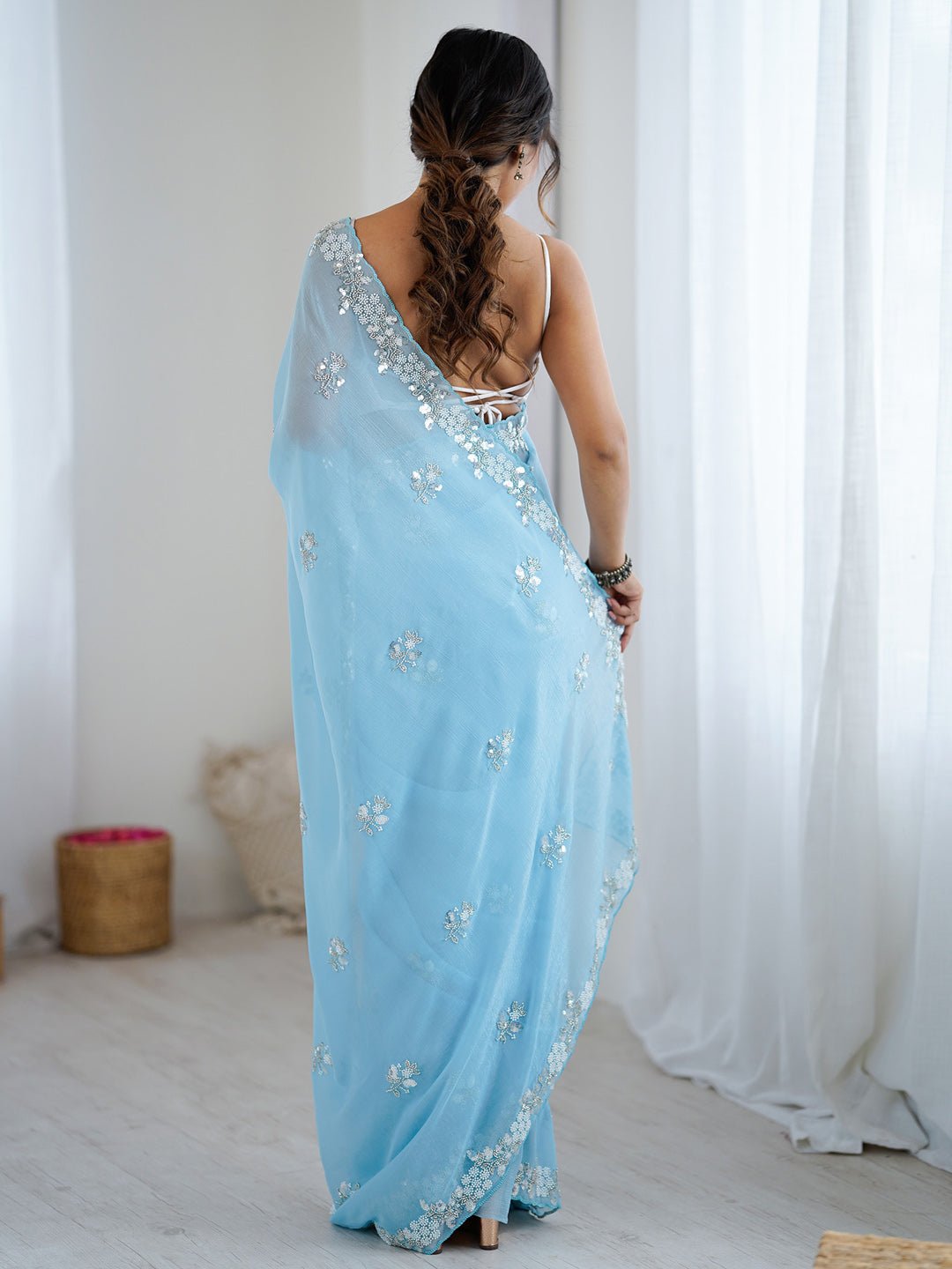Sky Blue Polyester Embroidered Border Modern Aesthetic Saree - Ressa