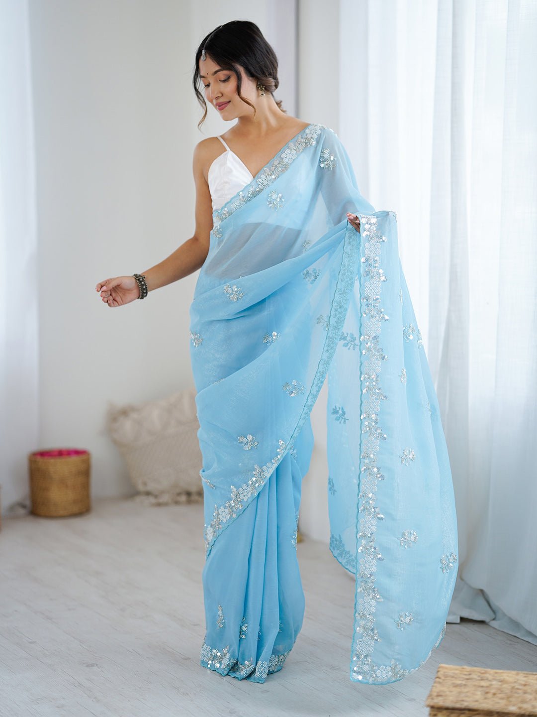 Sky Blue Polyester Embroidered Border Modern Aesthetic Saree - Ressa
