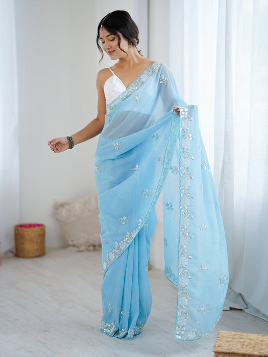 Sky Blue Polyester Embroidered Border Modern Aesthetic Saree - Ressa