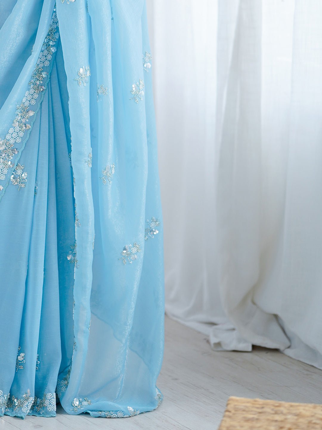 Sky Blue Polyester Embroidered Border Modern Aesthetic Saree - Ressa