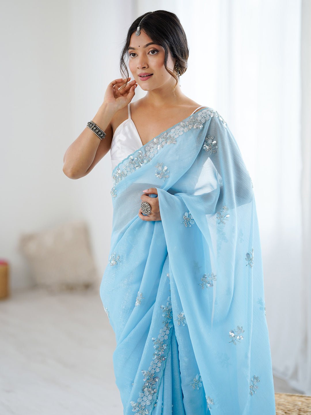 Sky Blue Polyester Embroidered Border Modern Aesthetic Saree - Ressa