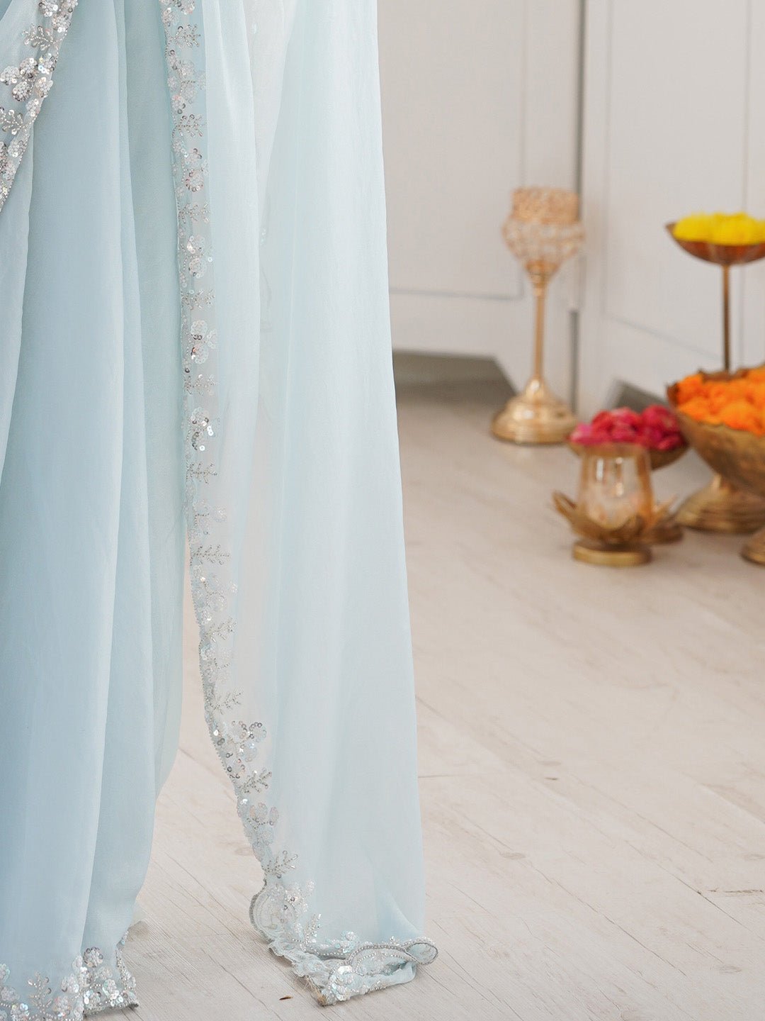 Sky Blue Polyester Embroidered Border Saree - Ressa
