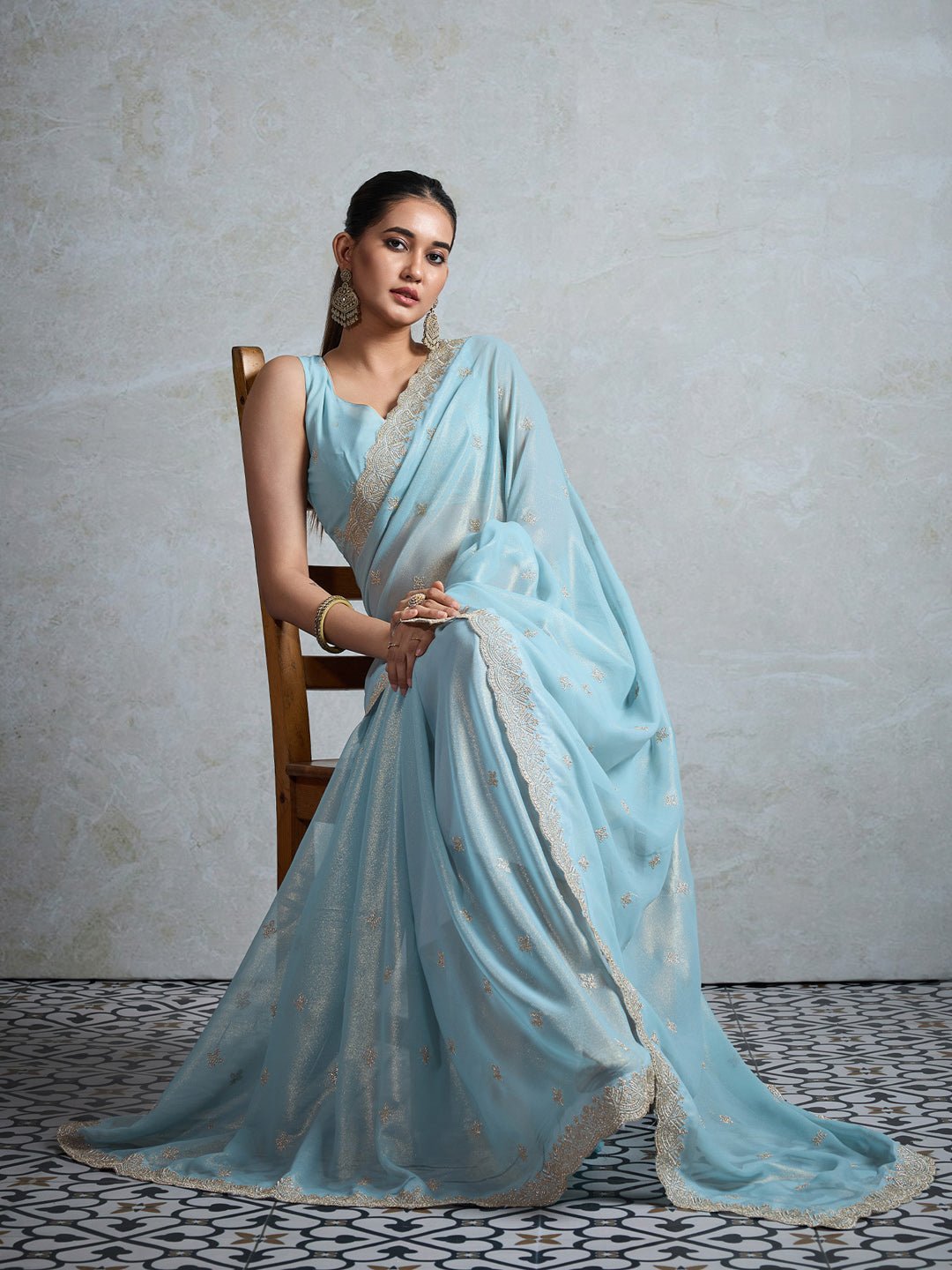 Sky Blue Polyester Embroidered Border Saree - Ressa