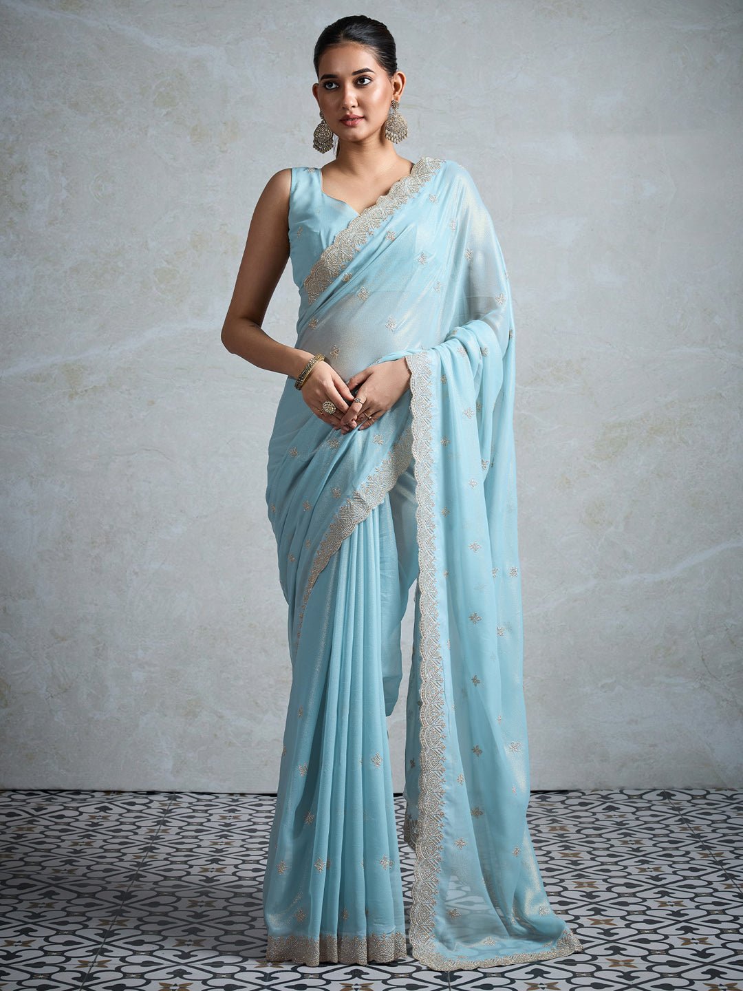 Sky Blue Polyester Embroidered Border Saree - Ressa