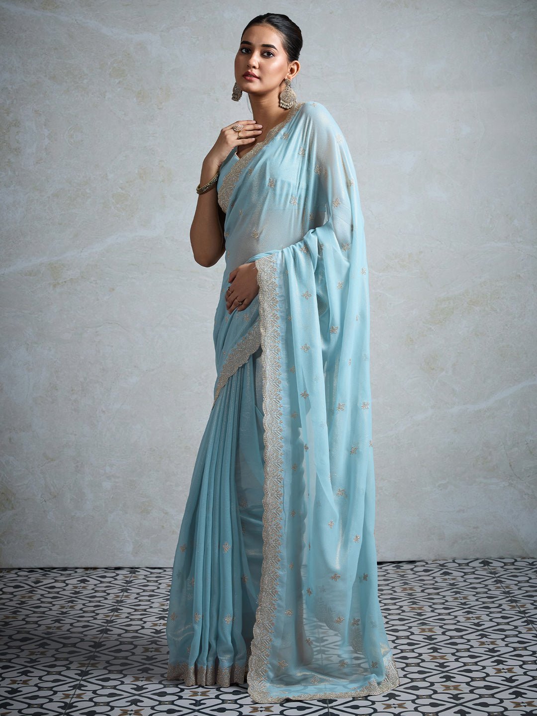 Sky Blue Polyester Embroidered Border Saree - Ressa