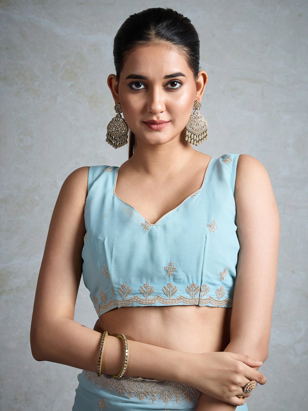 Sky Blue Polyester Embroidered Border Saree - Ressa