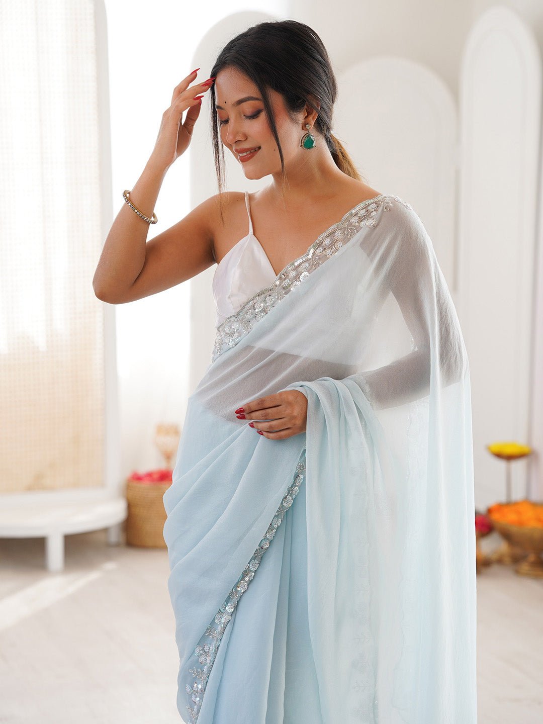 Sky Blue Polyester Embroidered Border Saree - Ressa