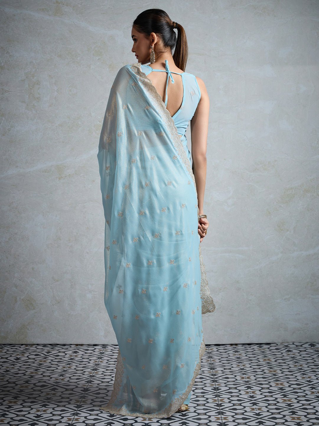 Sky Blue Polyester Embroidered Border Saree - Ressa