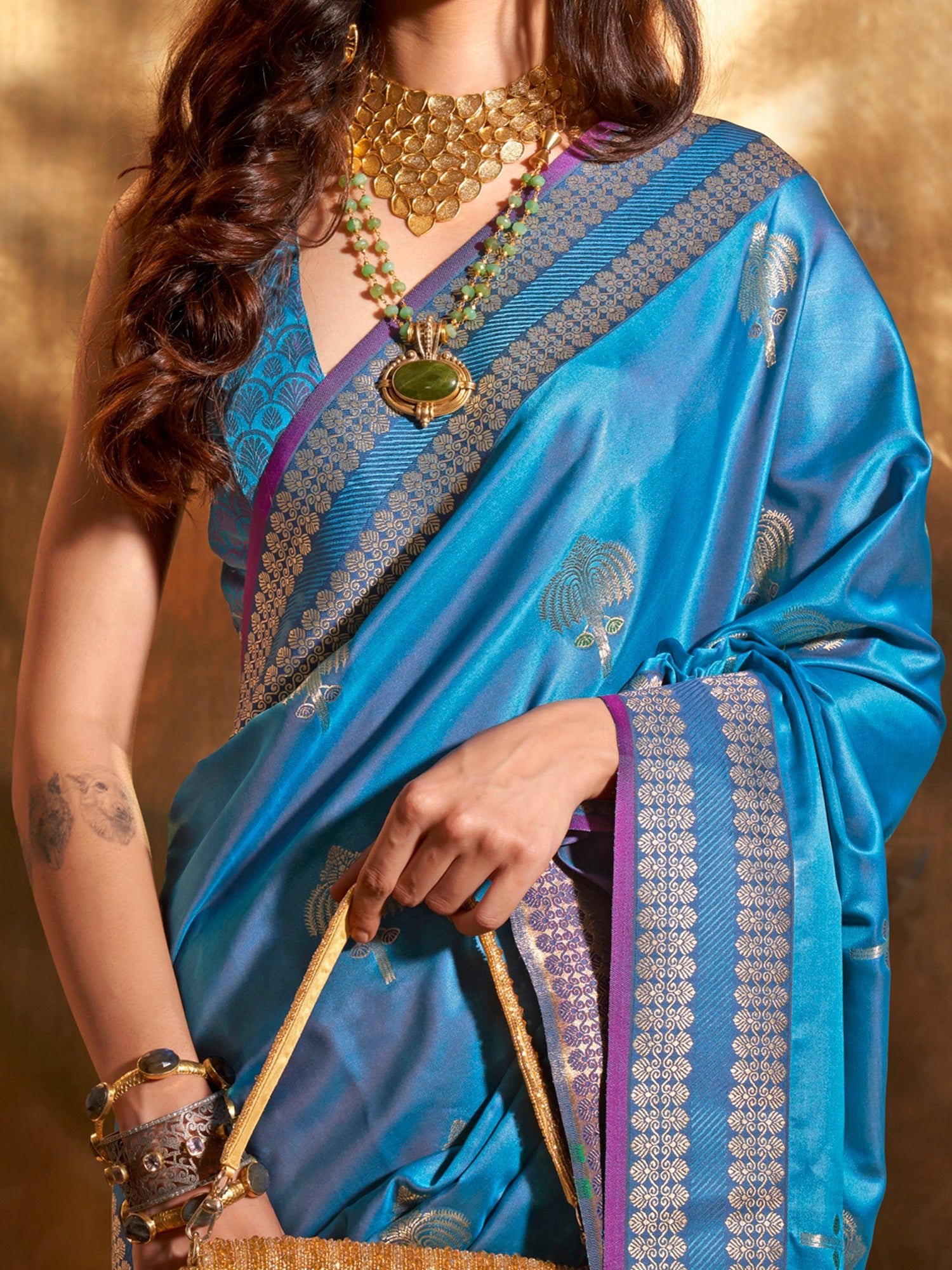 Sky Blue Silk Blend Heritage Banarasi Style Saree - Ressa