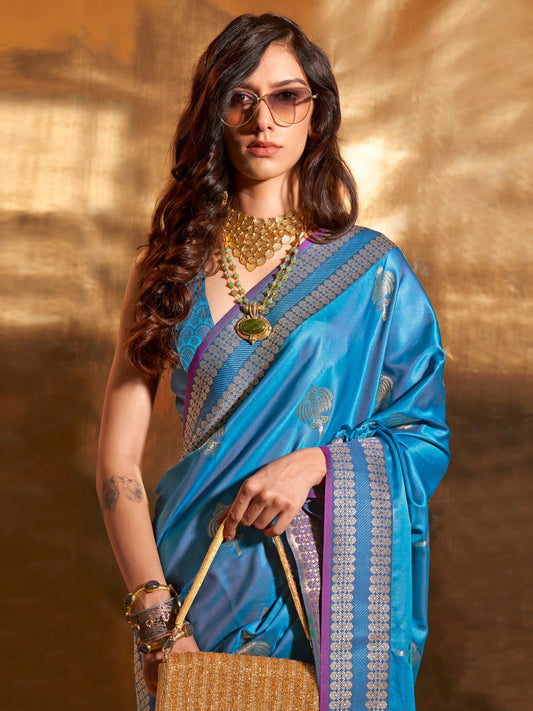 Sky Blue Silk Blend Heritage Banarasi Style Saree - Ressa